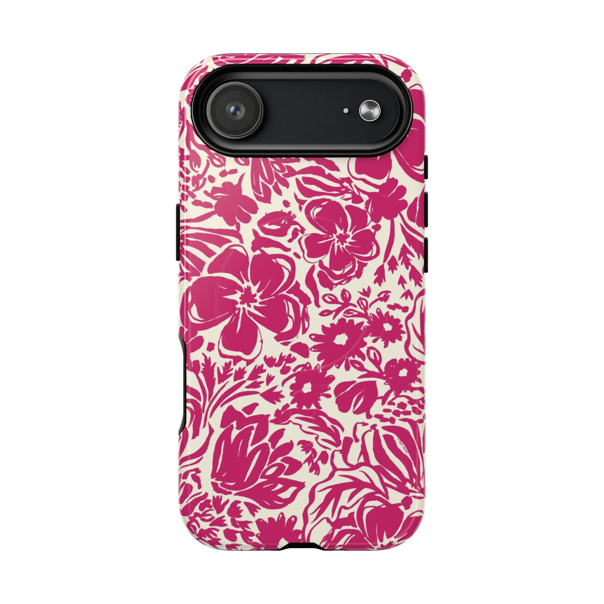 Rhapsody Bright Pink MagSafe iPhone 17 Air Glossy case — bold magenta floral print on cream by Kate Spain