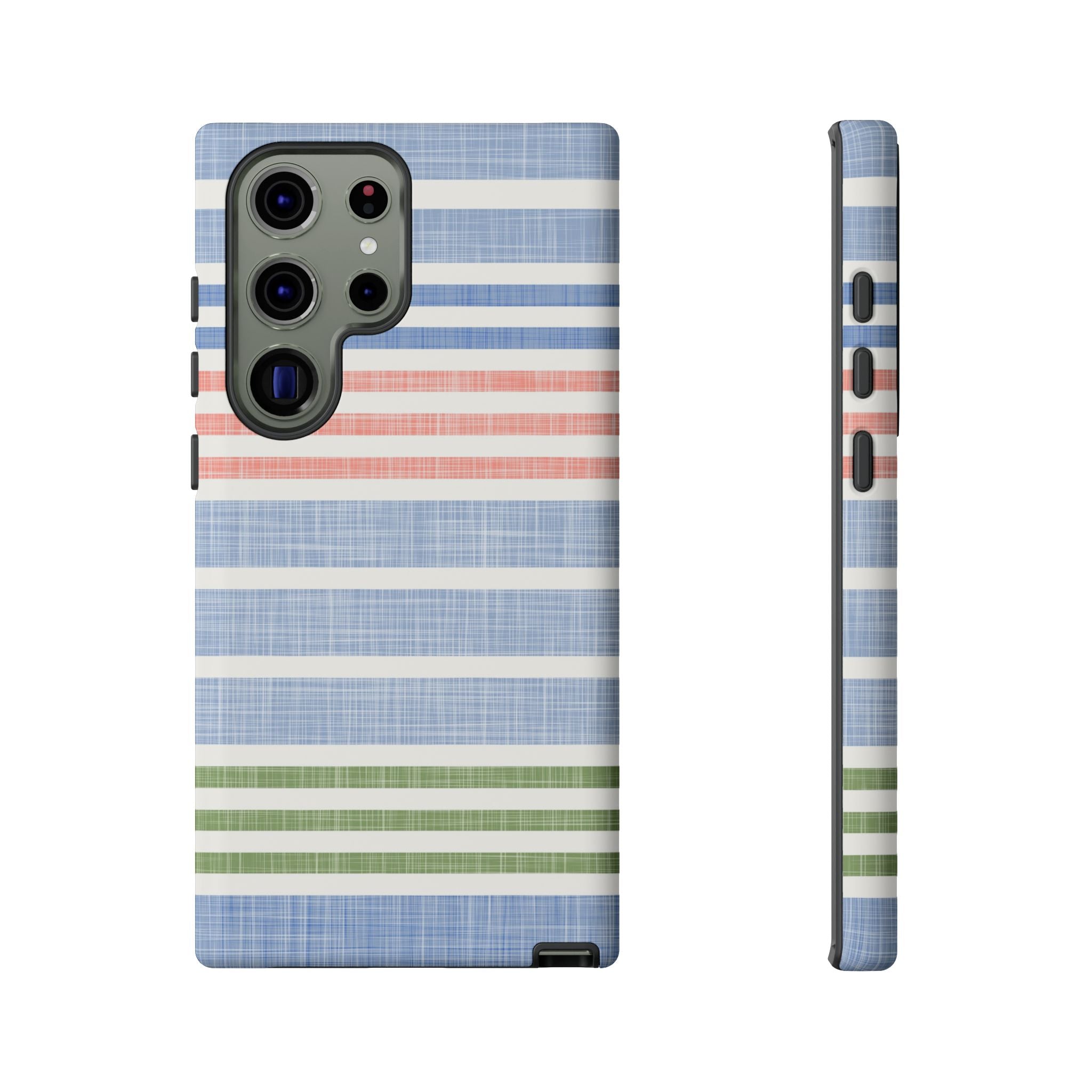 Cabana Stripe Pastel Samsung Galaxy S23 Ultra Case – Matte | soft blue, coral, sage green chambray-textured stripe print dual-layer protection