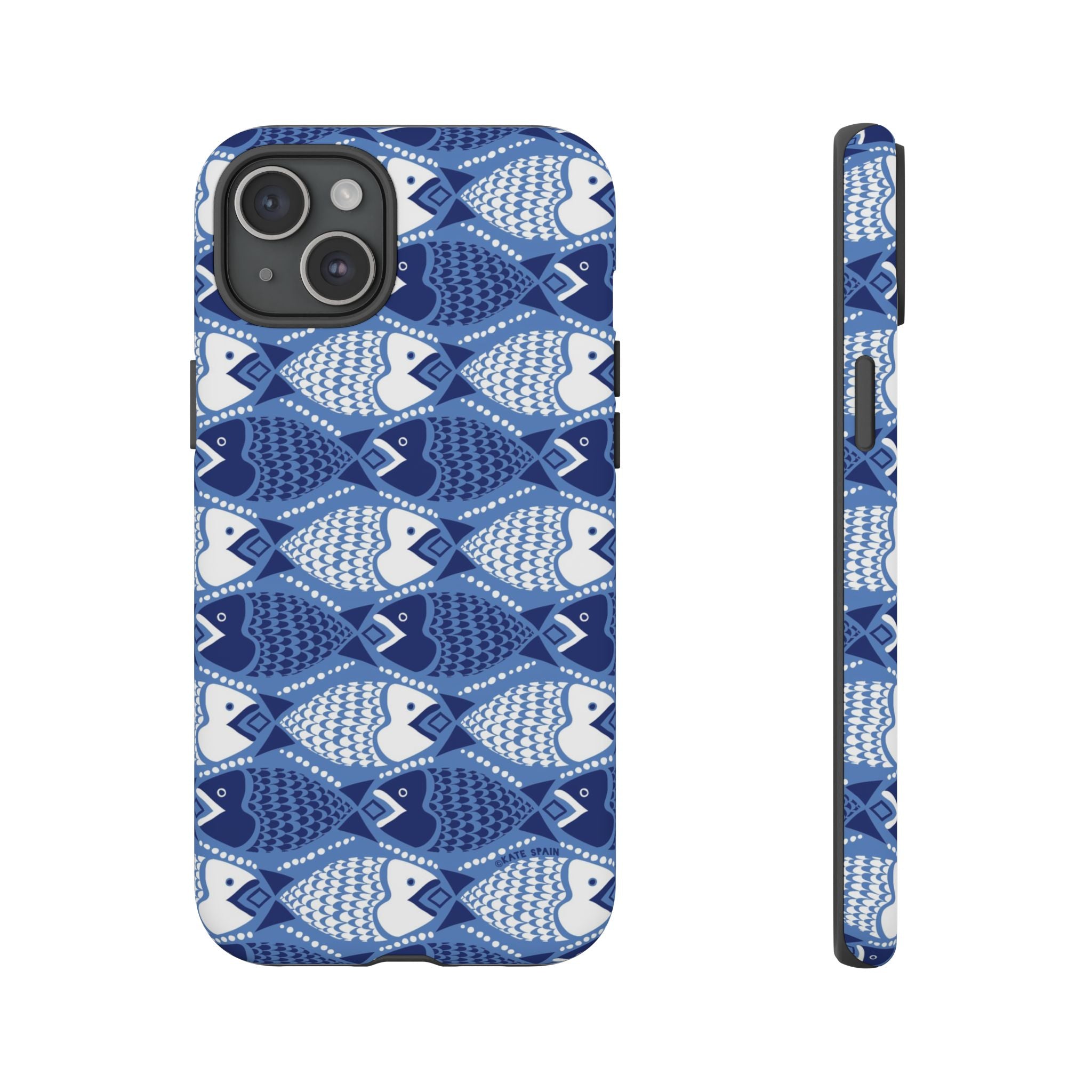 Catch of the Day Tough iPhone 15 Plus Case – Matte | navy, blue, white geometric fish print