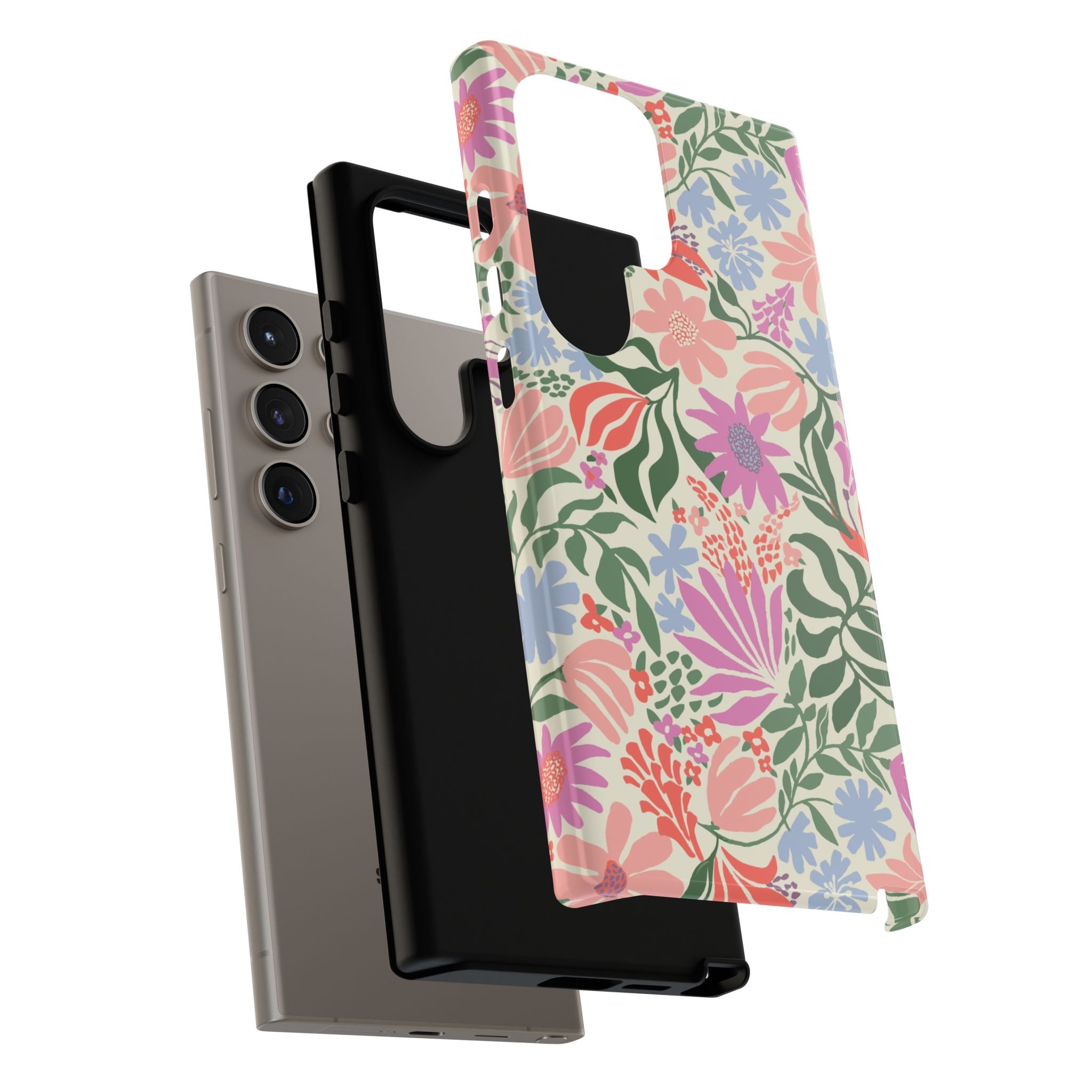 Luxury Botanica Pastel Samsung Galaxy S24 Ultra Case – Glossy | Close-up of shock-absorbing layer in case in blush, lavender, sage pastel botanical wildflower print