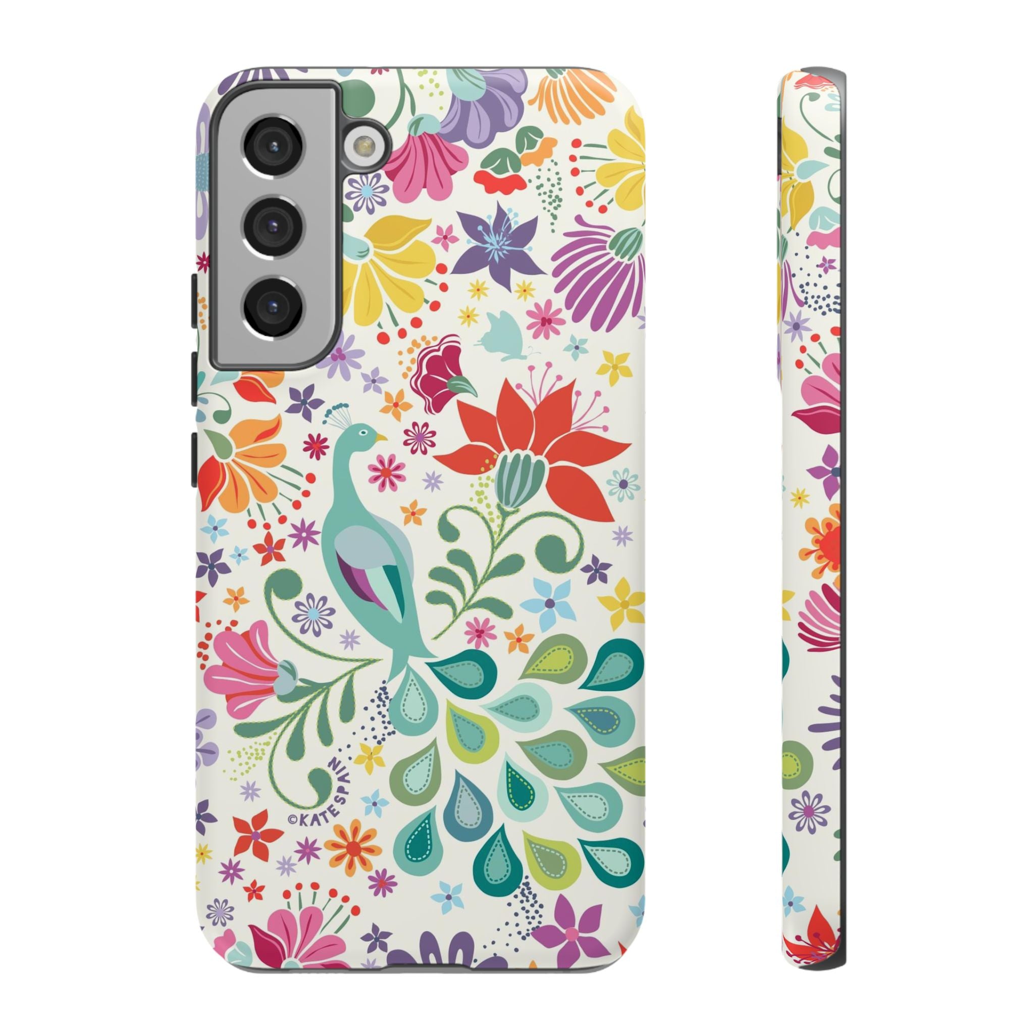 Luxury Peacock Sanctuary Samsung Galaxy S22 Plus Case – Matte | white, teal, coral multicolor vibrant peacock feather botanical print