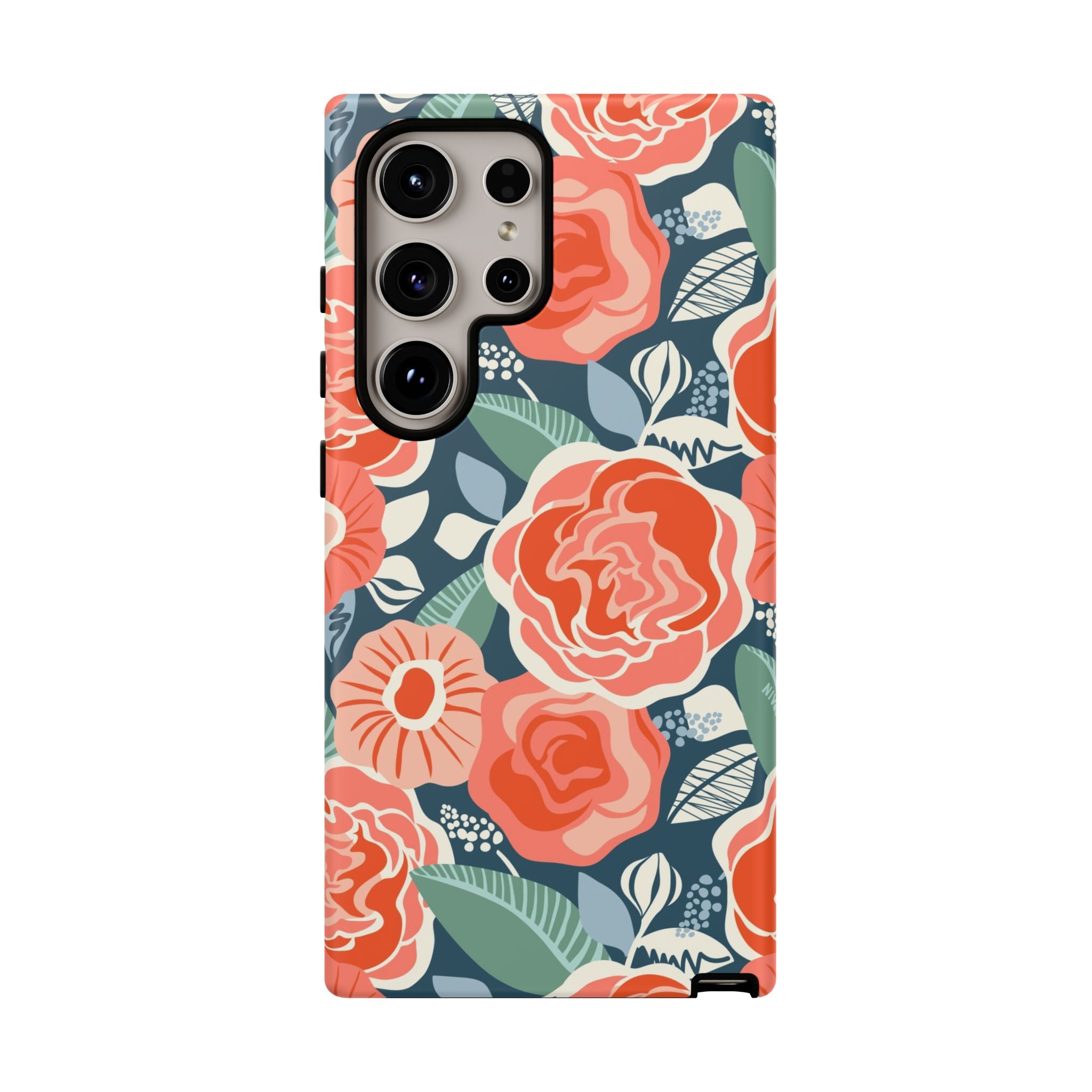 Luxury Tea Rose Navy Samsung Galaxy S24 Ultra Case – Matte | navy, coral, peach botanical rose floral print