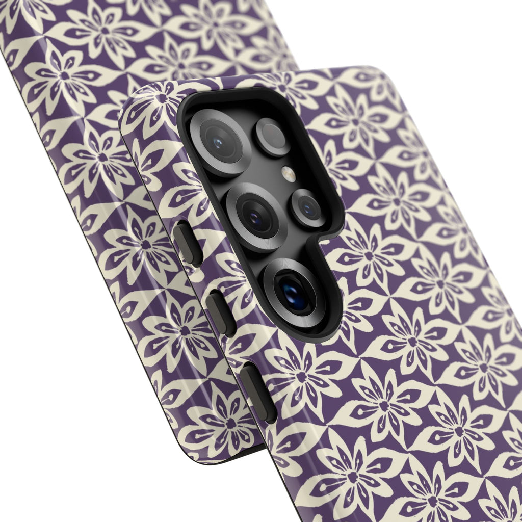 Lily Plum Samsung Galaxy S25 Ultra Glossy case — side angled view showing camera cutout and buttons — graphic white lily on rich violet by Kate Spain