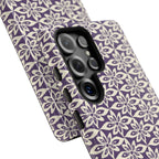 Lily Plum Samsung Galaxy S25 Ultra Glossy case — side angled view showing camera cutout and buttons — graphic white lily on rich violet by Kate Spain