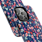 Primrose MagSafe iPhone 16 Pro Max Case – Glossy | navy, pink, white ditsy floral print | angled view closeup of camera cutout and buttons