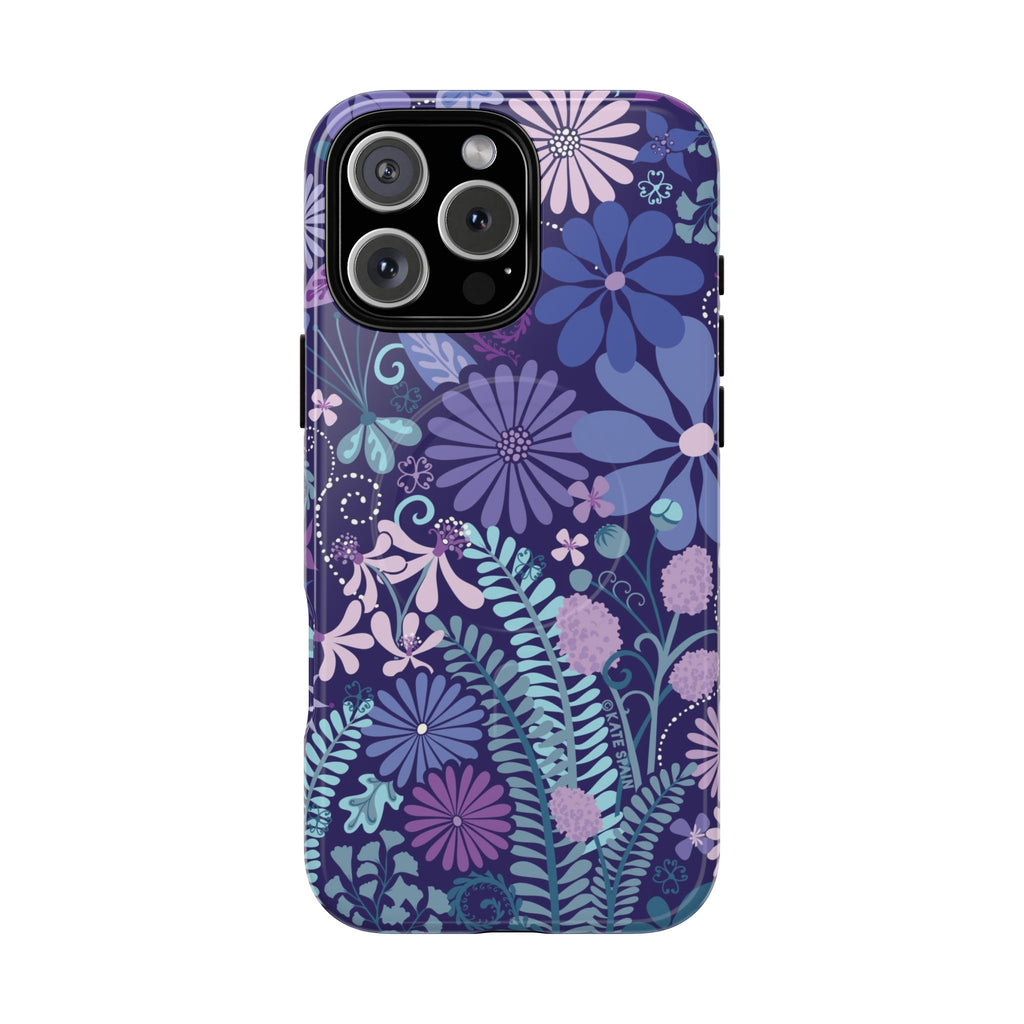 Terrain Night MagSafe iPhone 16 Pro Max Case – Glossy | navy, purple, aqua botanical woodland floral print