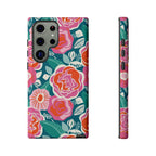 Luxury Tea Rose Teal Samsung Galaxy S23 Ultra Case – Glossy | teal, coral, pink botanical rose floral print