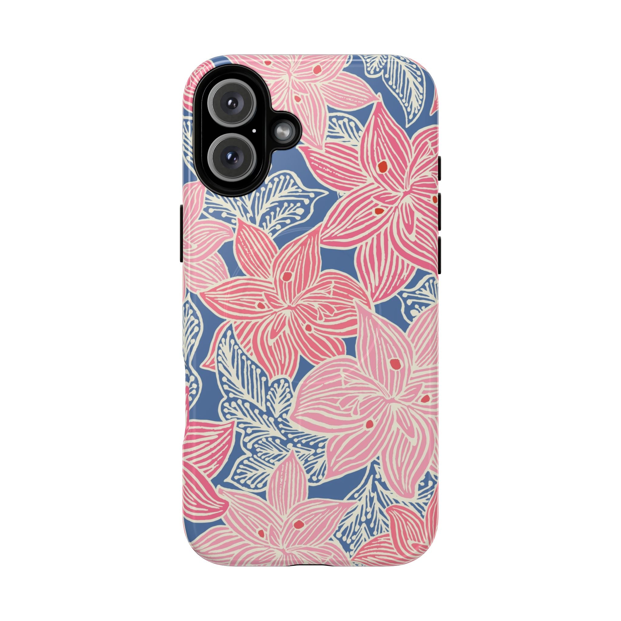 Hibiscus Lagoon MagSafe iPhone 16 Case – Matte | coral, blush, cream, dusty blue hibiscus botanical print