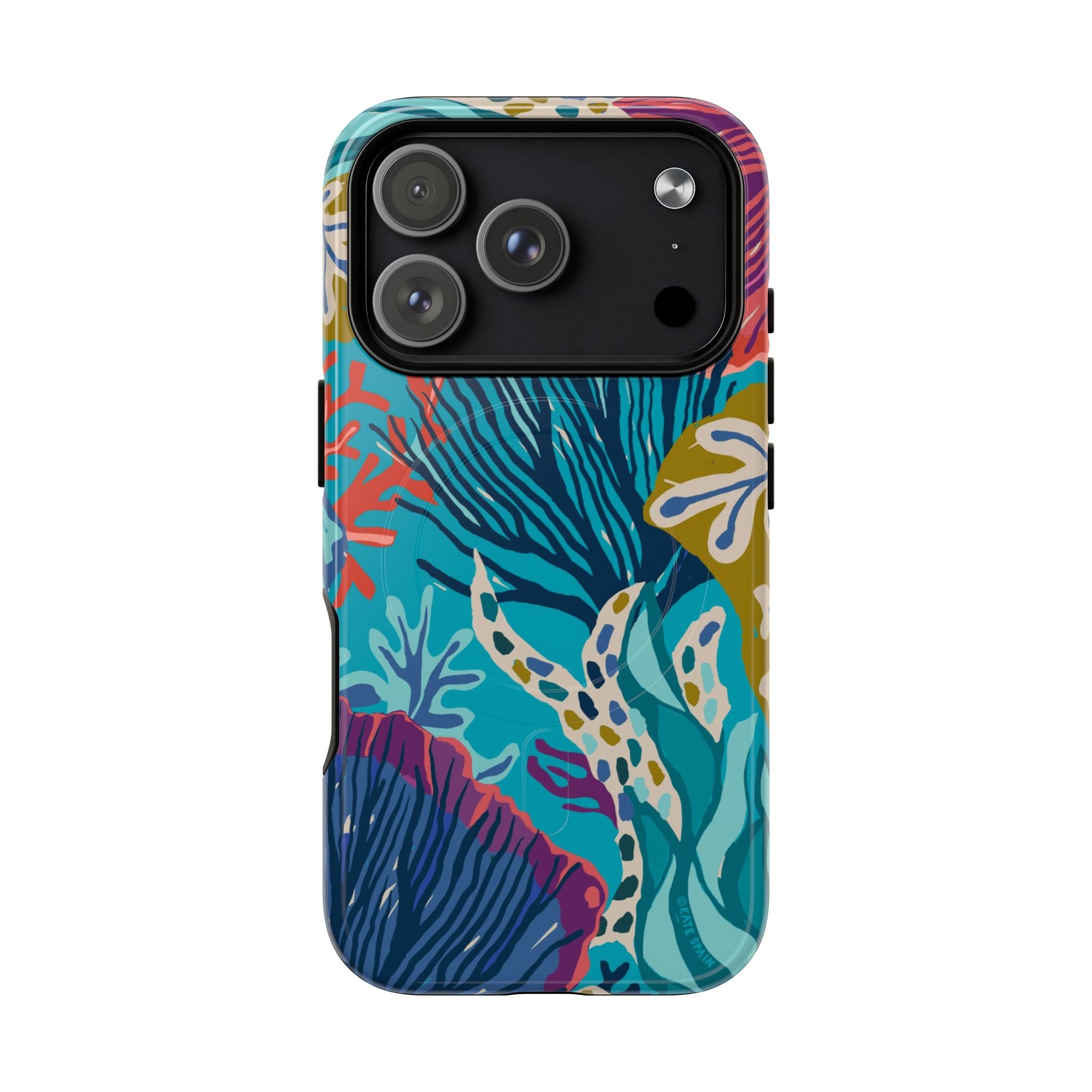Reef MagSafe iPhone 17 Pro Case – Glossy | teal, coral, navy, purple botanical coral reef print