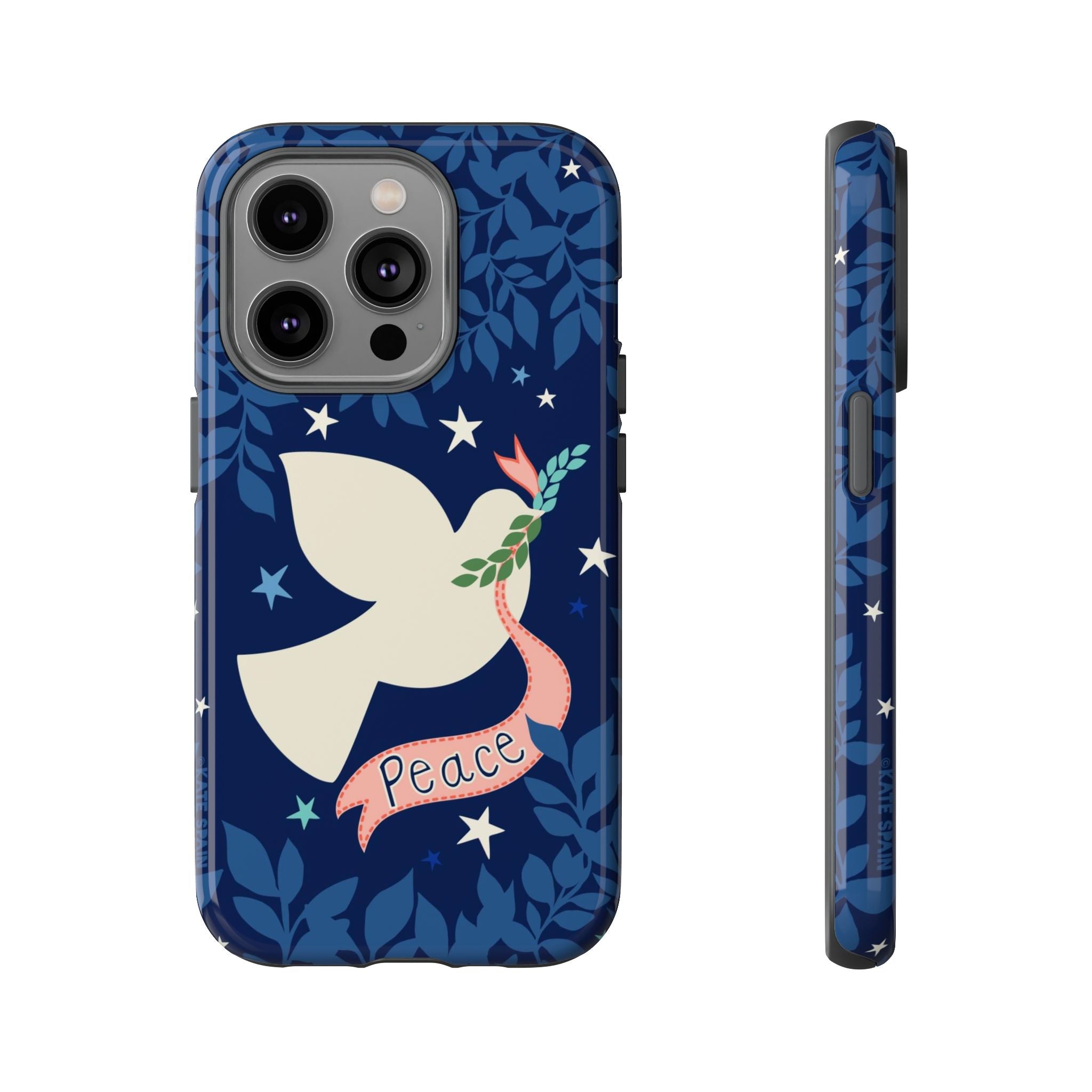Peace Tough iPhone 14 Pro Case – Glossy | navy, cream peace dove, stars, botanical print