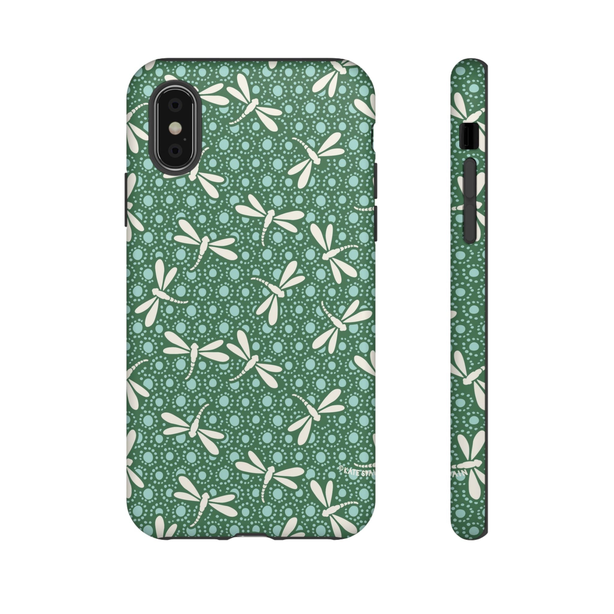 Designer Dragonfly Tough iPhone XS Case – Matte | jade green, aqua, cream dragonfly print
