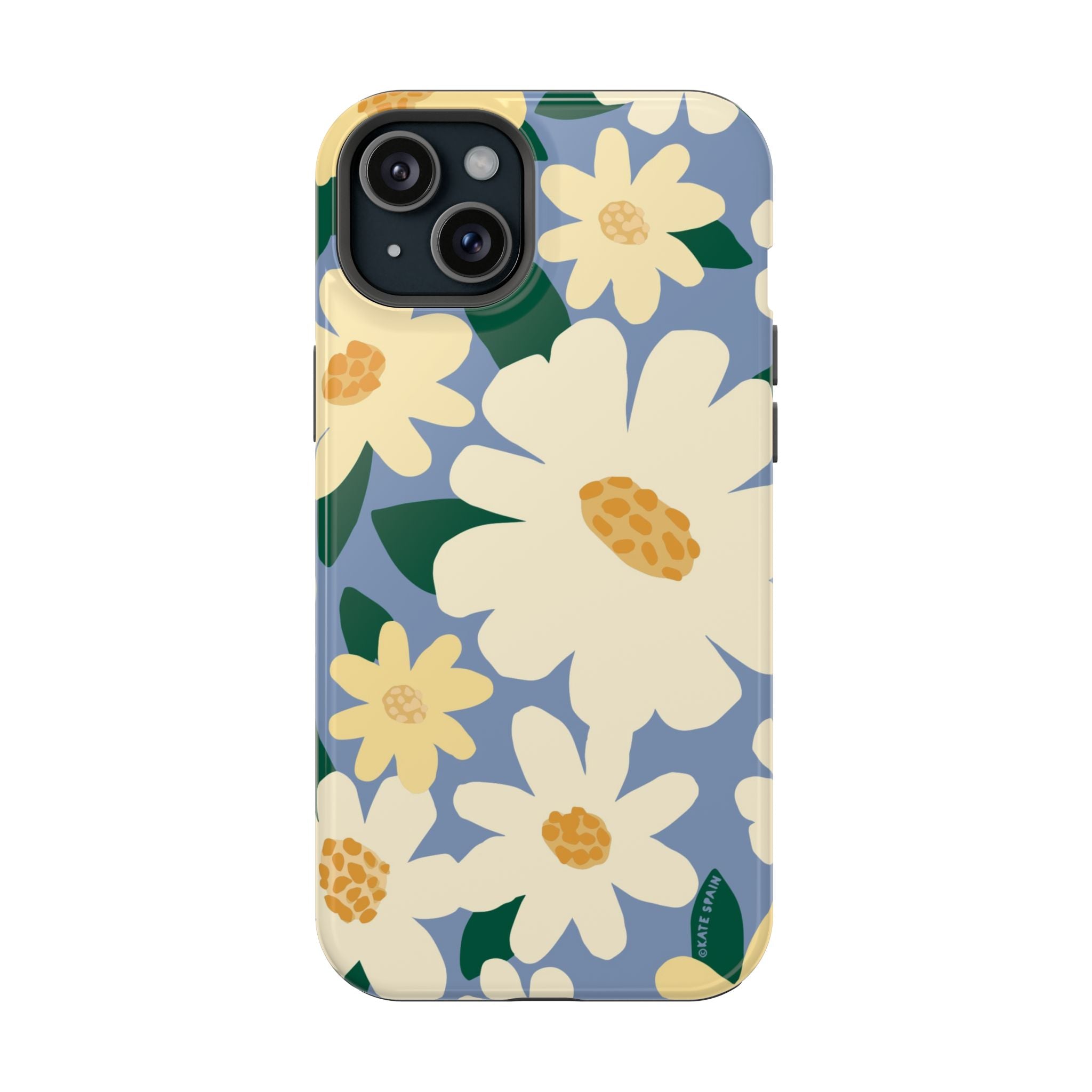 Chamomile MagSafe iPhone 15 Plus Case – Glossy | periwinkle, cream, yellow botanical daisy floral print MagSafe compatible, dual-layer protection