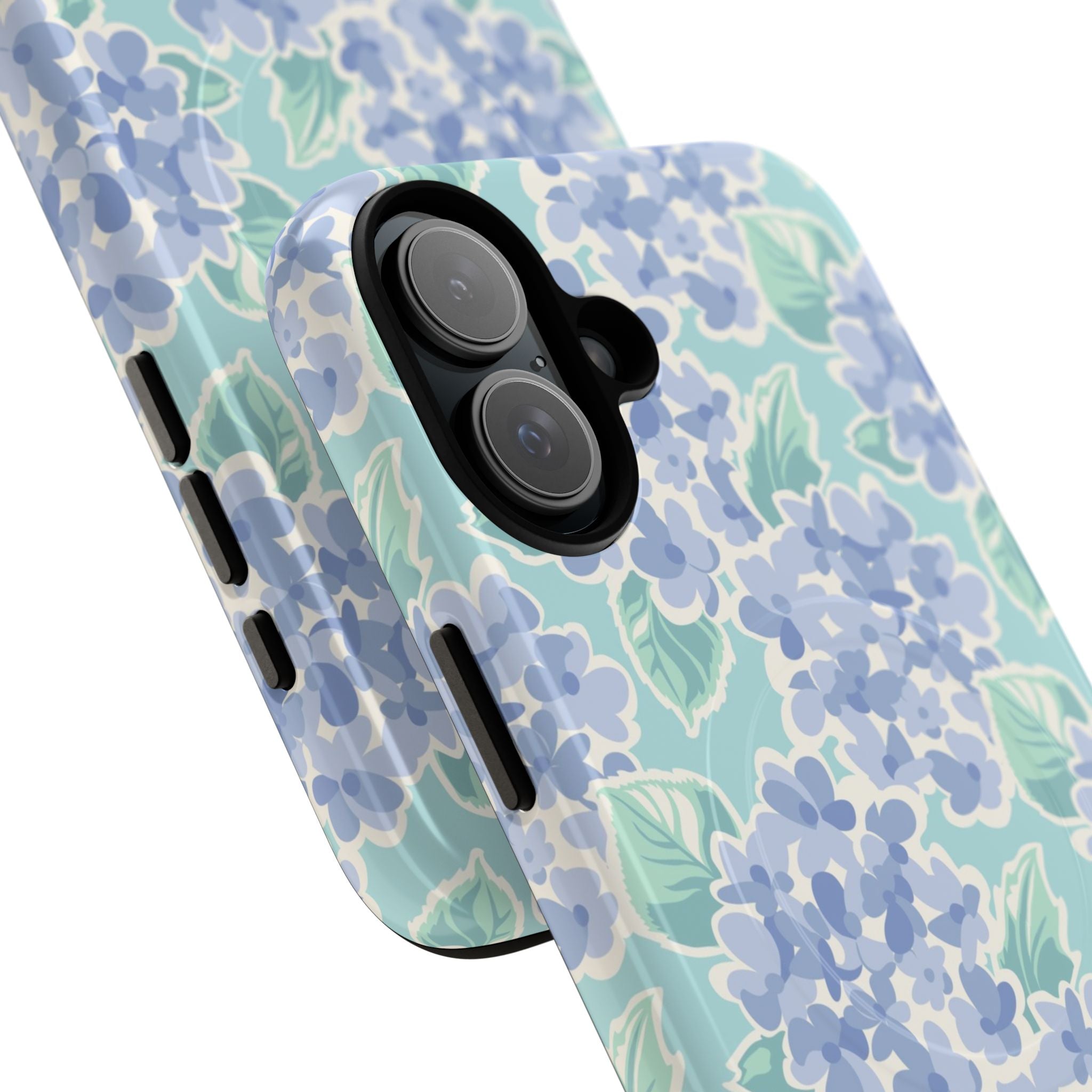 Nantucket Hydrangea MagSafe iPhone Case – lifestyle angled view of button, ports, and camera cutout
