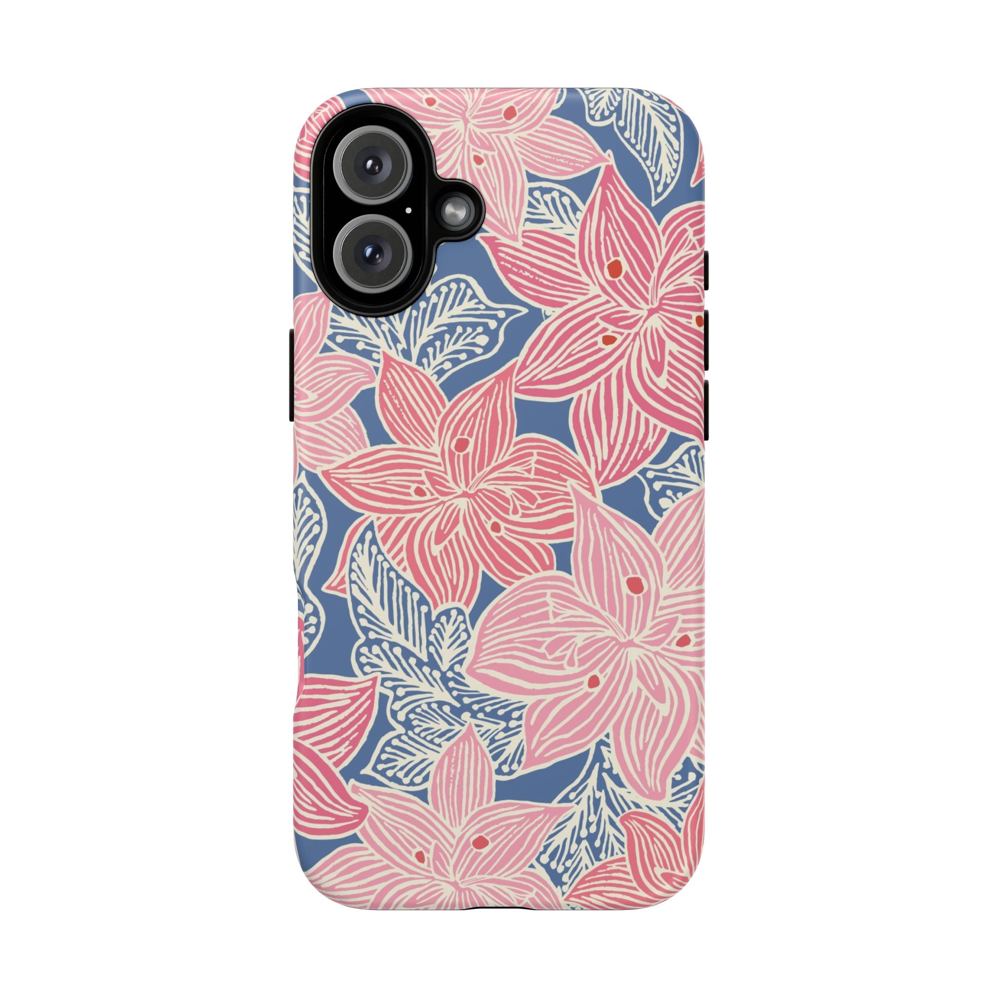 Hibiscus Lagoon Tough iPhone 16 Plus Case – Matte | coral, blush, cream, dusty blue hibiscus botanical print