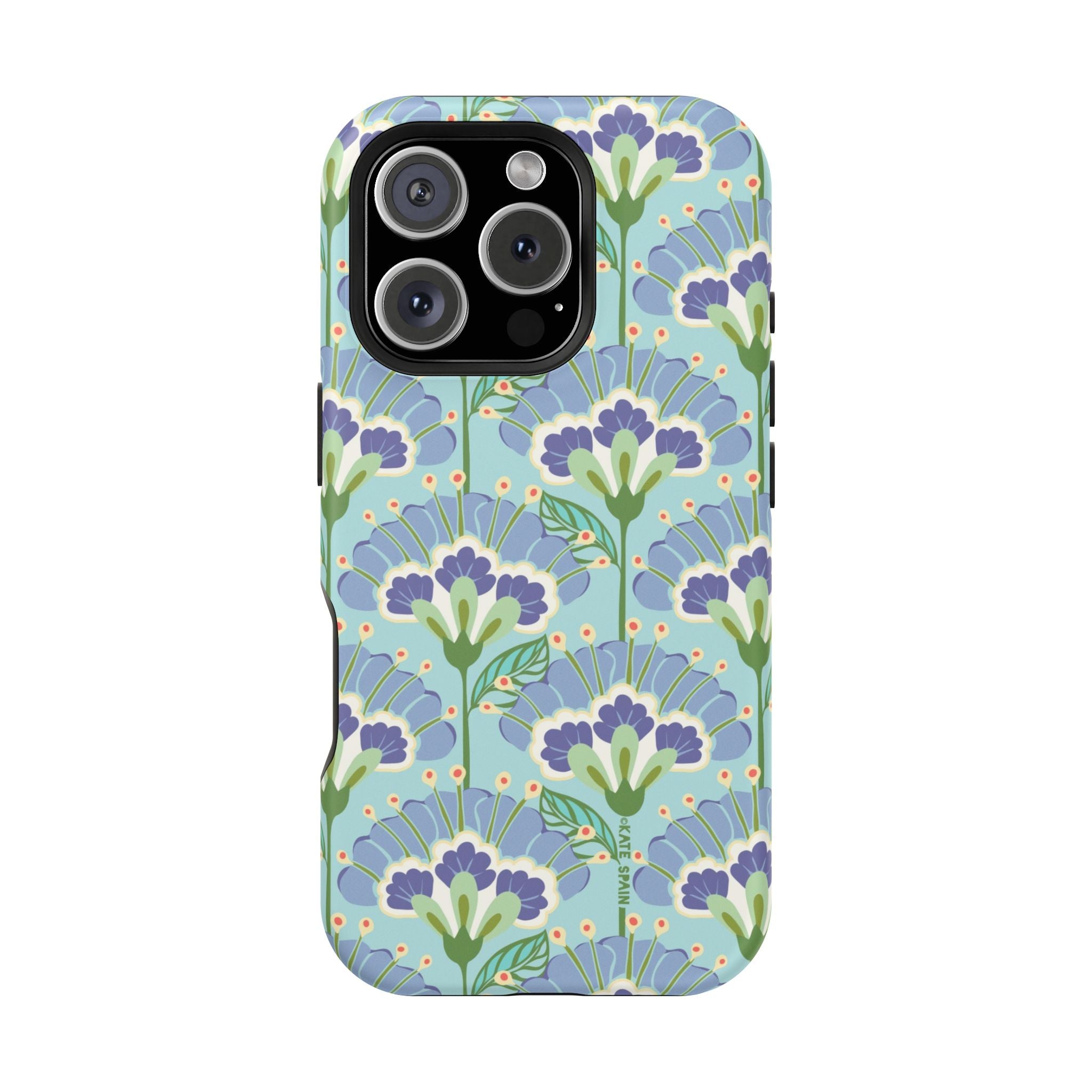 Lantern Flower MagSafe iPhone 16 Pro Case – Glossy | aqua, periwinkle, green botanical lantern floral print MagSafe compatible, dual-layer protection
