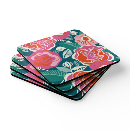 Set of four floral coasters with pink, orange, and teal colors on a white background
