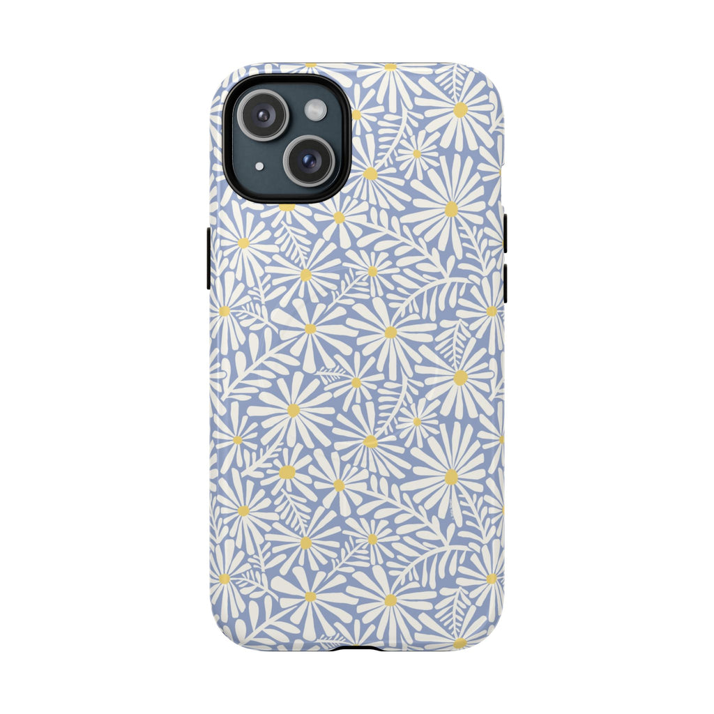 Montauk Daisy Cottage Blue MagSafe iPhone 15 Plus Case – Glossy | periwinkle blue, white graphic daisy and fern print, golden yellow centers MagSafe compatible, dual-layer protection