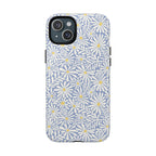 Montauk Daisy Cottage Blue MagSafe iPhone 15 Plus Case – Glossy | periwinkle blue, white graphic daisy and fern print, golden yellow centers MagSafe compatible, dual-layer protection