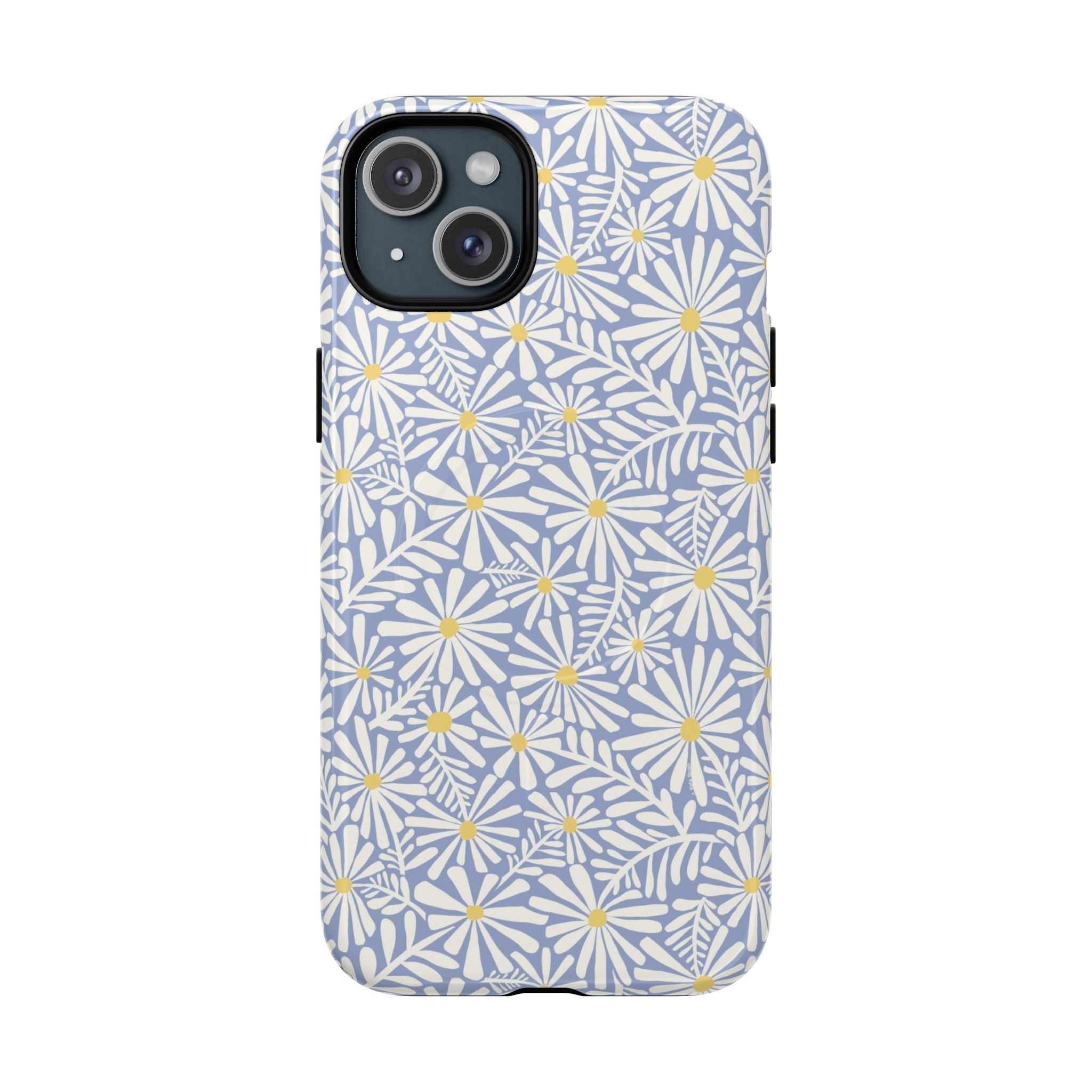 Montauk Daisy Cottage Blue MagSafe iPhone 15 Plus Case – Glossy | periwinkle blue, white graphic daisy and fern print, golden yellow centers MagSafe compatible, dual-layer protection