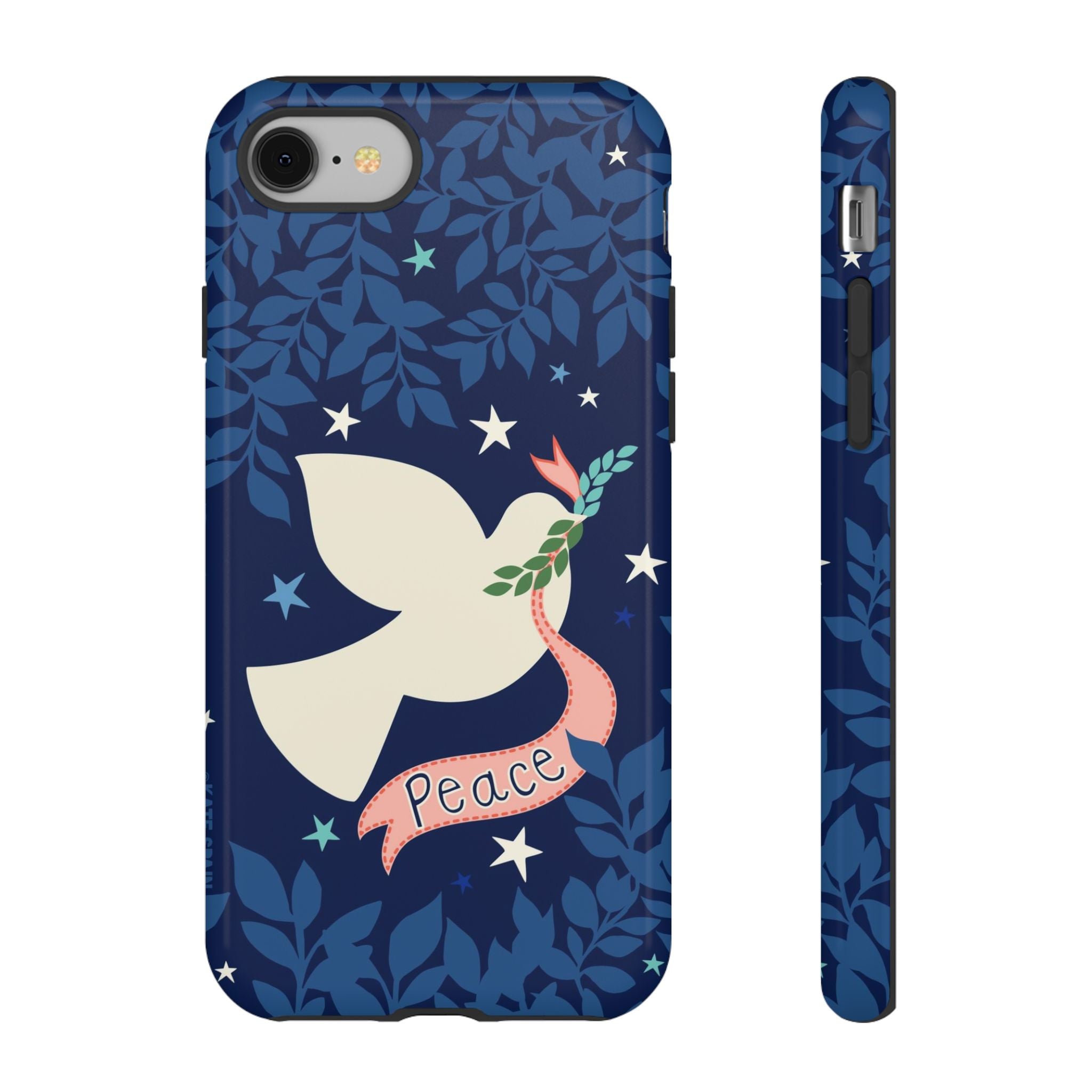 Peace Tough iPhone 8 Case – Glossy | navy, cream peace dove, stars, botanical print