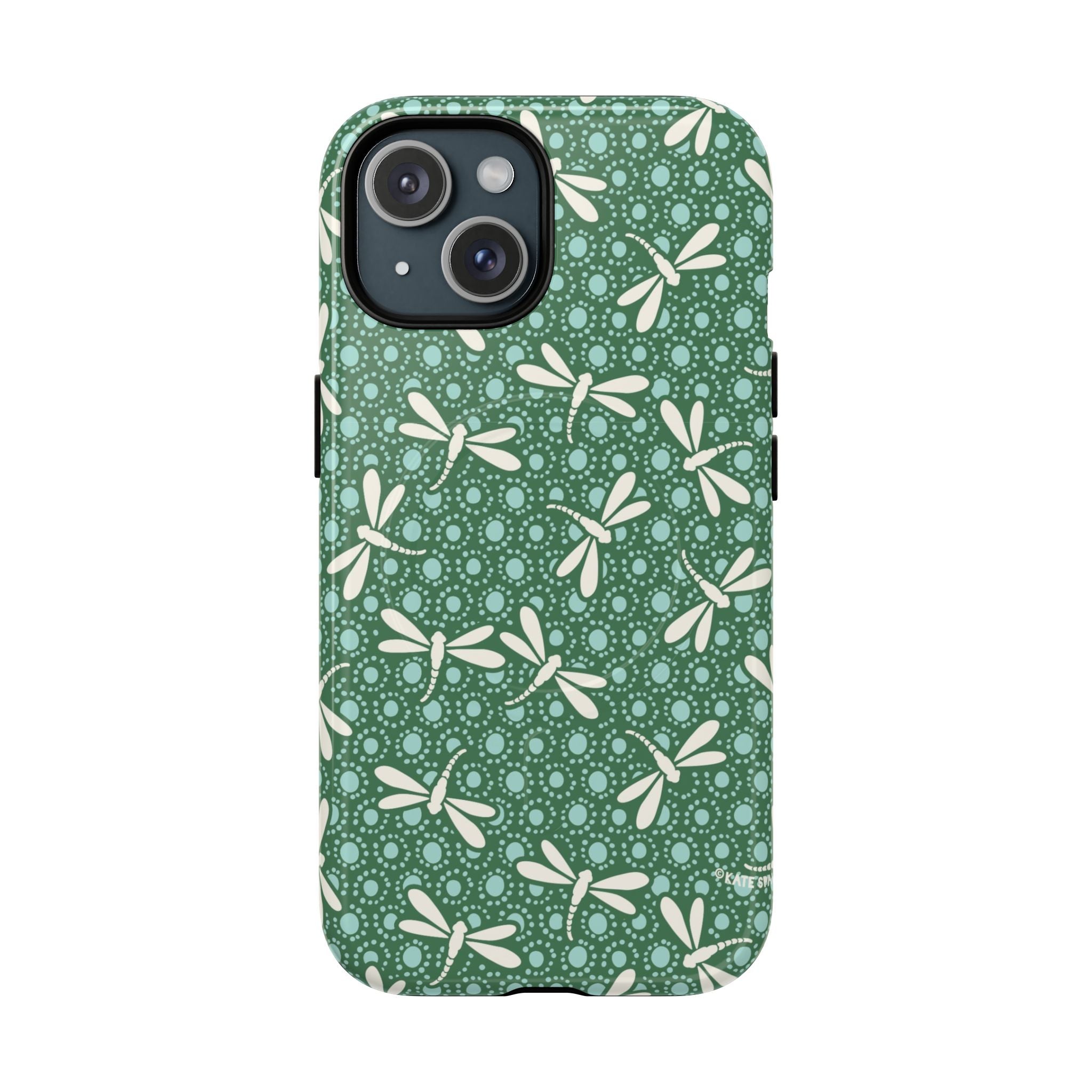 Designer Dragonfly MagSafe iPhone 15 Case – Glossy | jade green, aqua, cream dragonfly print