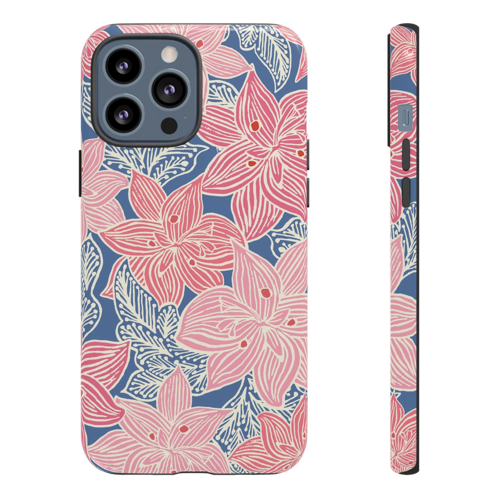 Hibiscus Lagoon Tough iPhone 13 Pro Max Case – Glossy | coral, blush, cream, dusty blue hibiscus botanical print