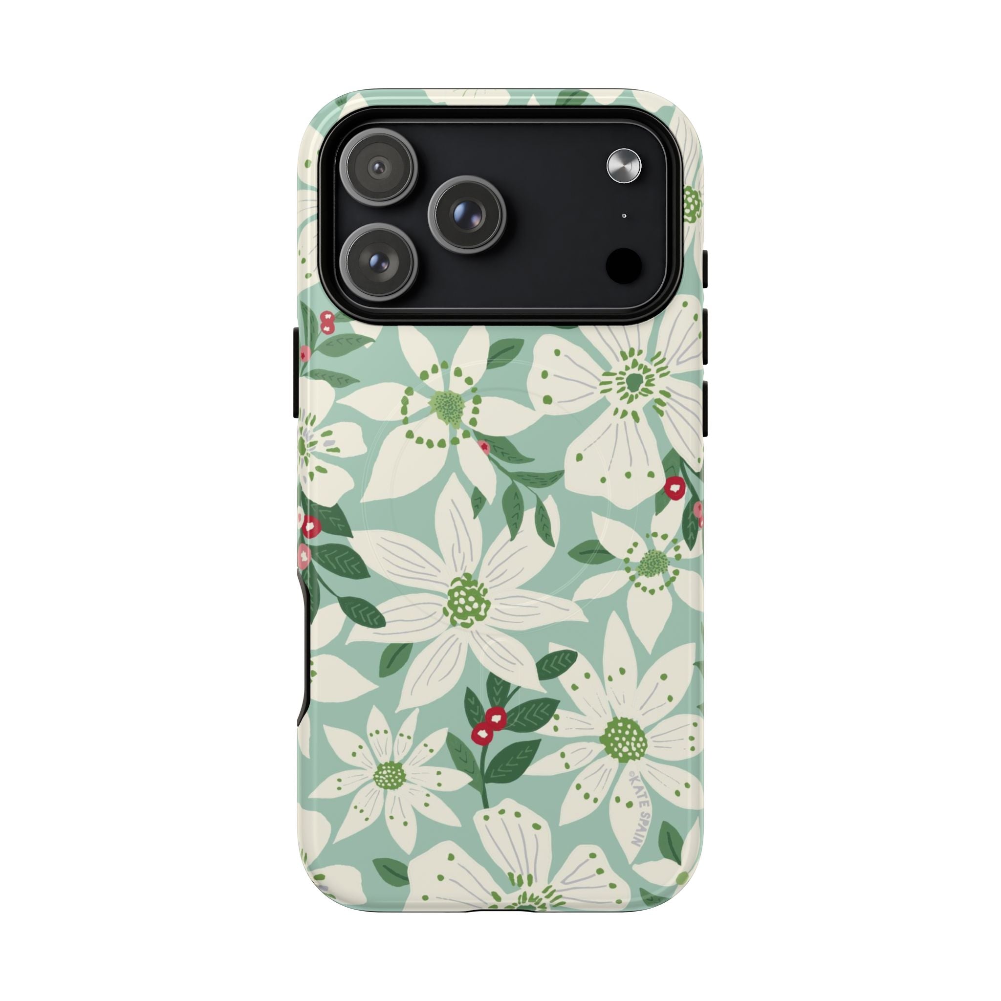 Gardenia MagSafe iPhone 17 Pro Max Case – Glossy | light blue, white, green, red gardenia botanical print