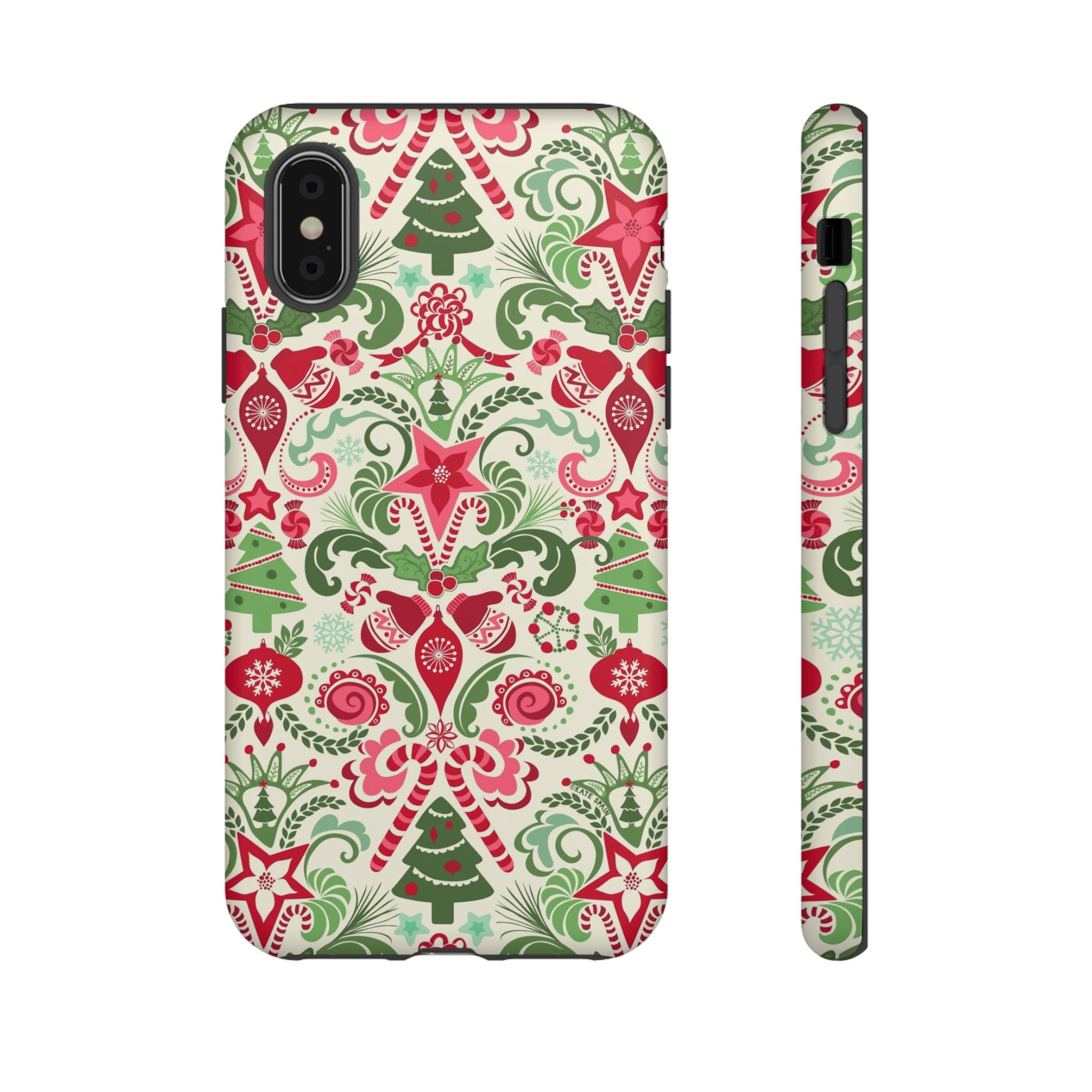 Wonderland Tough iPhone X Case – Matte | cream, red, green Christmas ornament damask print