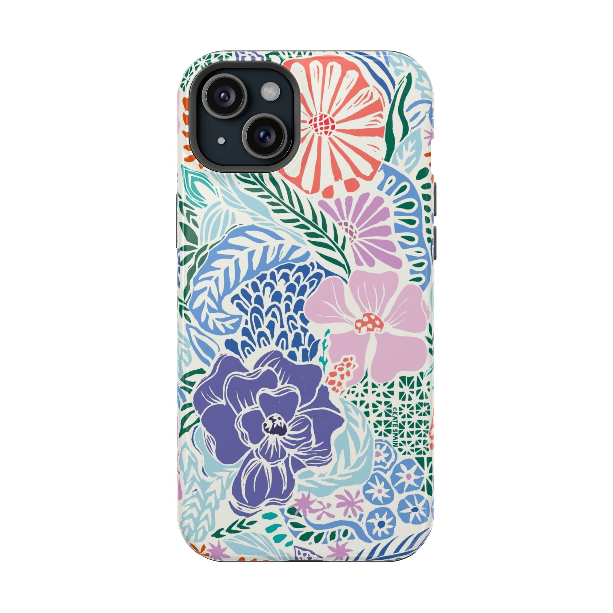 Tropica MagSafe iPhone 15 Plus Case – Glossy | purple, coral, pink, blue botanical tropical floral print MagSafe compatible, dual-layer protection