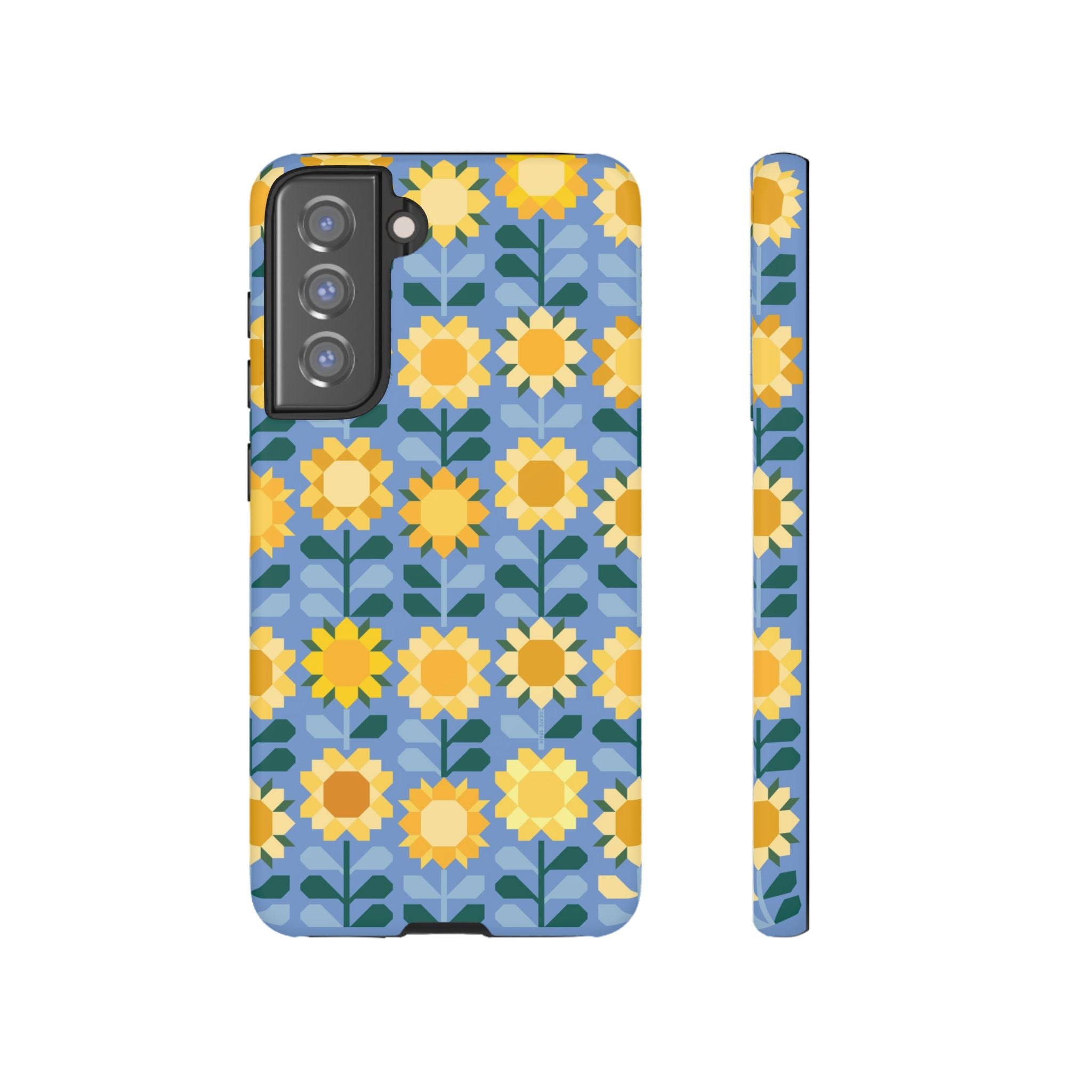 Luxury Sunflowers Samsung Galaxy S21 FE Case – Matte | blue, yellow, gold geometric sunflower print 