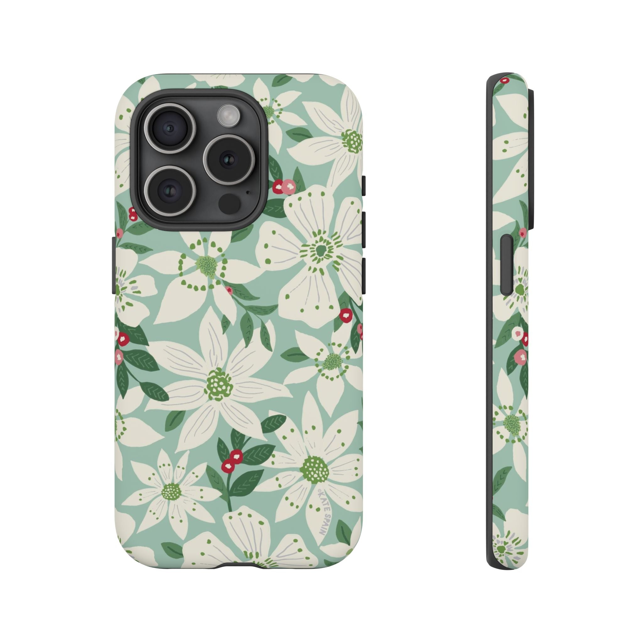 Gardenia Tough iPhone 15 Pro Case – Matte | light blue, white, green, red gardenia botanical print