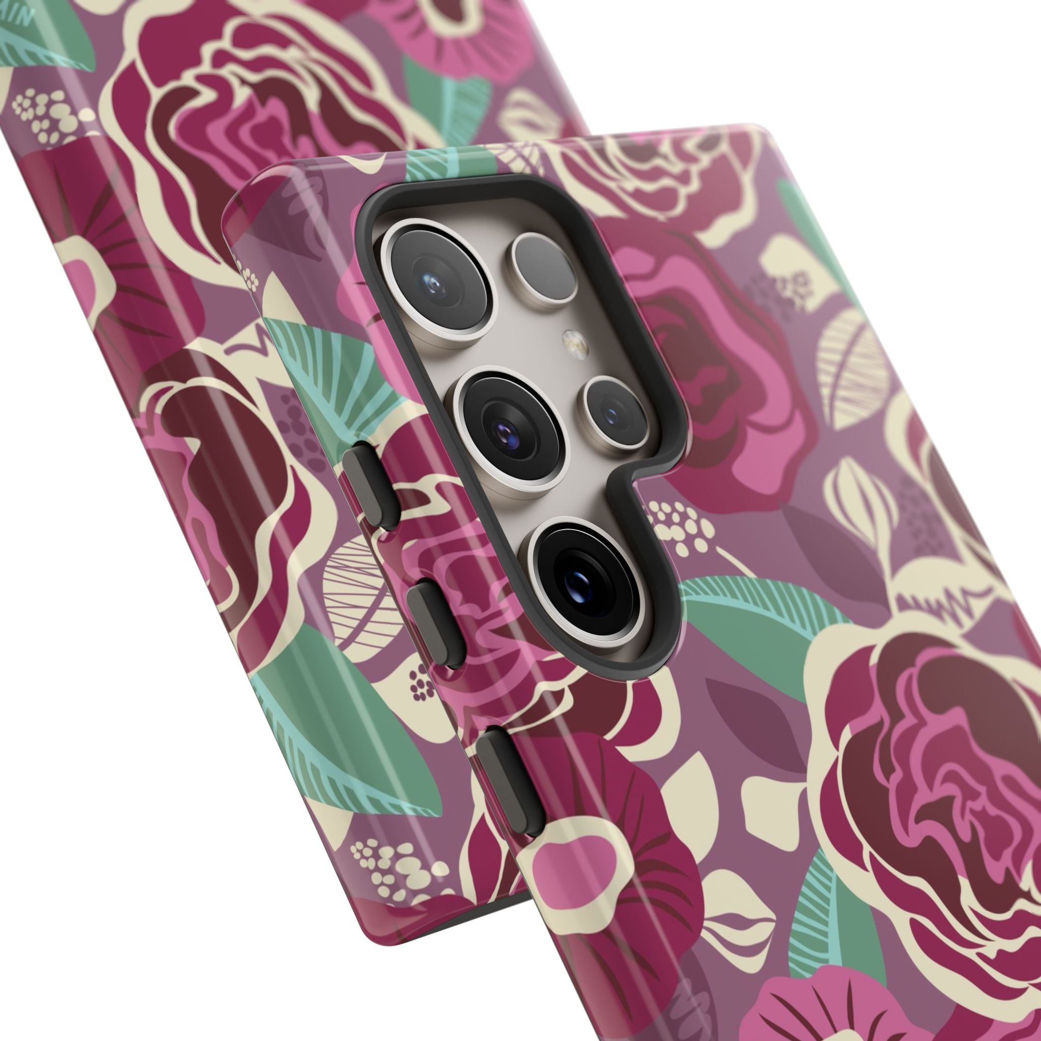 Luxury Tea Rose Burgundy Samsung Galaxy S24 Ultra Case – Glossy | Close-up of 5 lenses in camera port of case in burgundy, magenta, plum botanical rose floral print