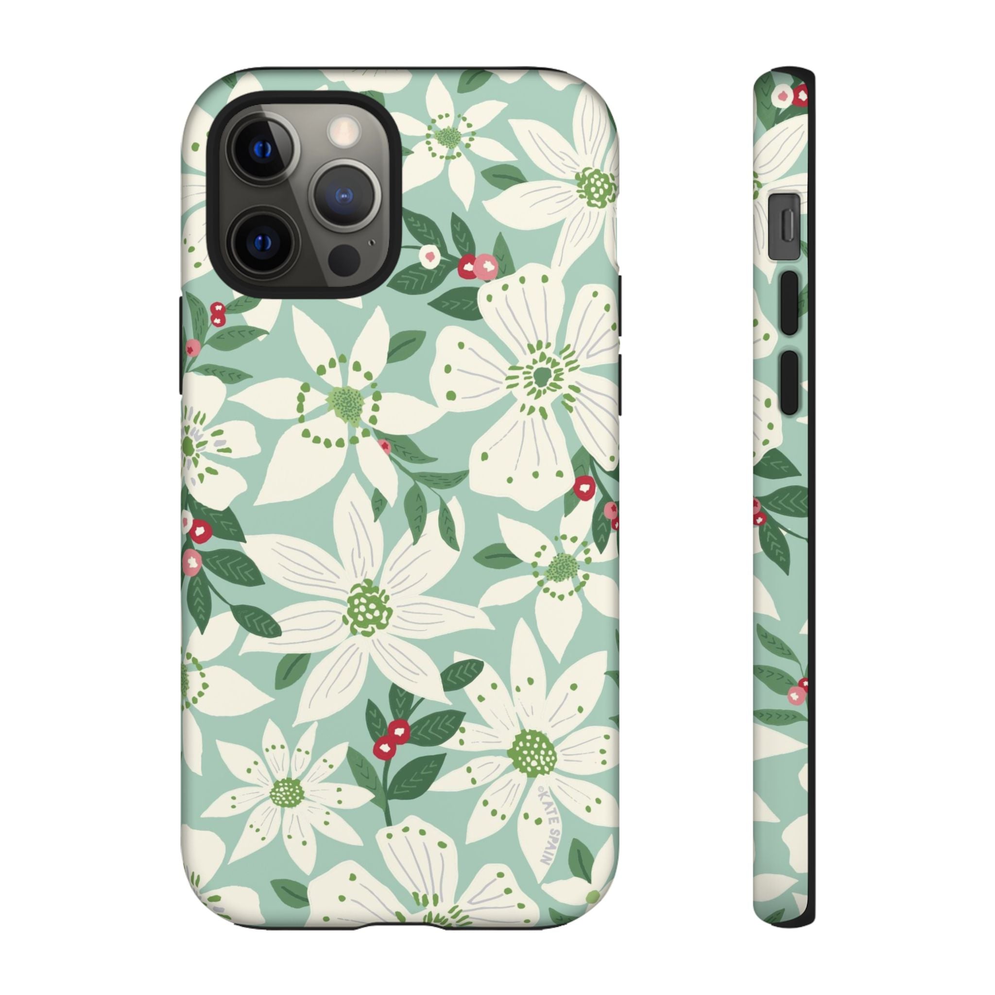 Gardenia Tough iPhone 12 Pro Case – Matte | light blue, white, green, red gardenia botanical print