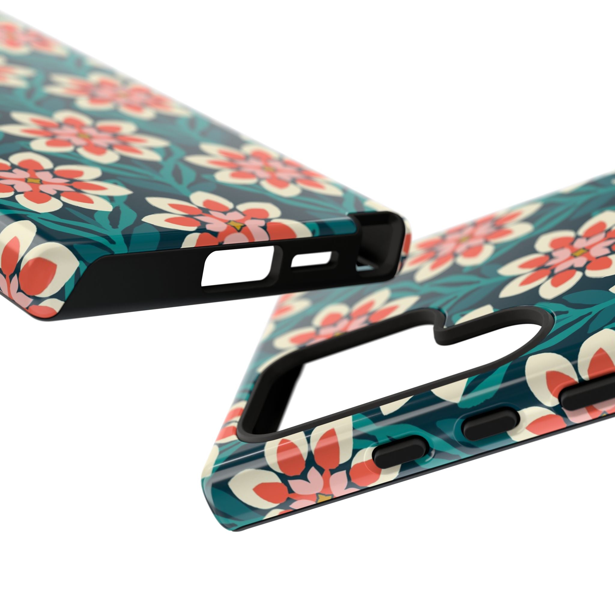 Luxury Modern Dahlia Samsung Galaxy S24 Ultra Case – Glossy |  close-up of sides of case in teal, coral, pink, cream modern dahlia print