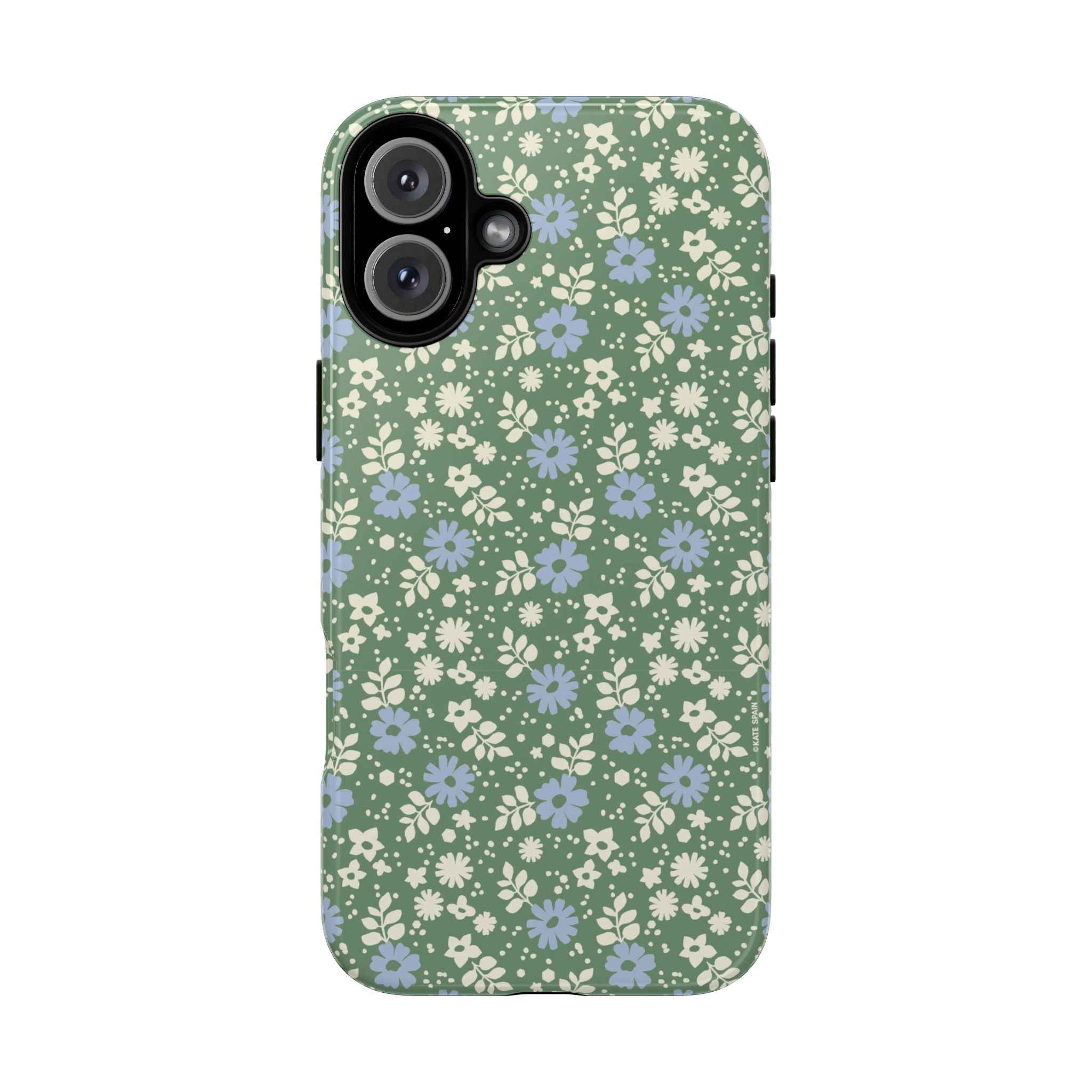 Petaline Tough iPhone 16 Plus Case – Glossy | green, blue, cream ditsy floral print