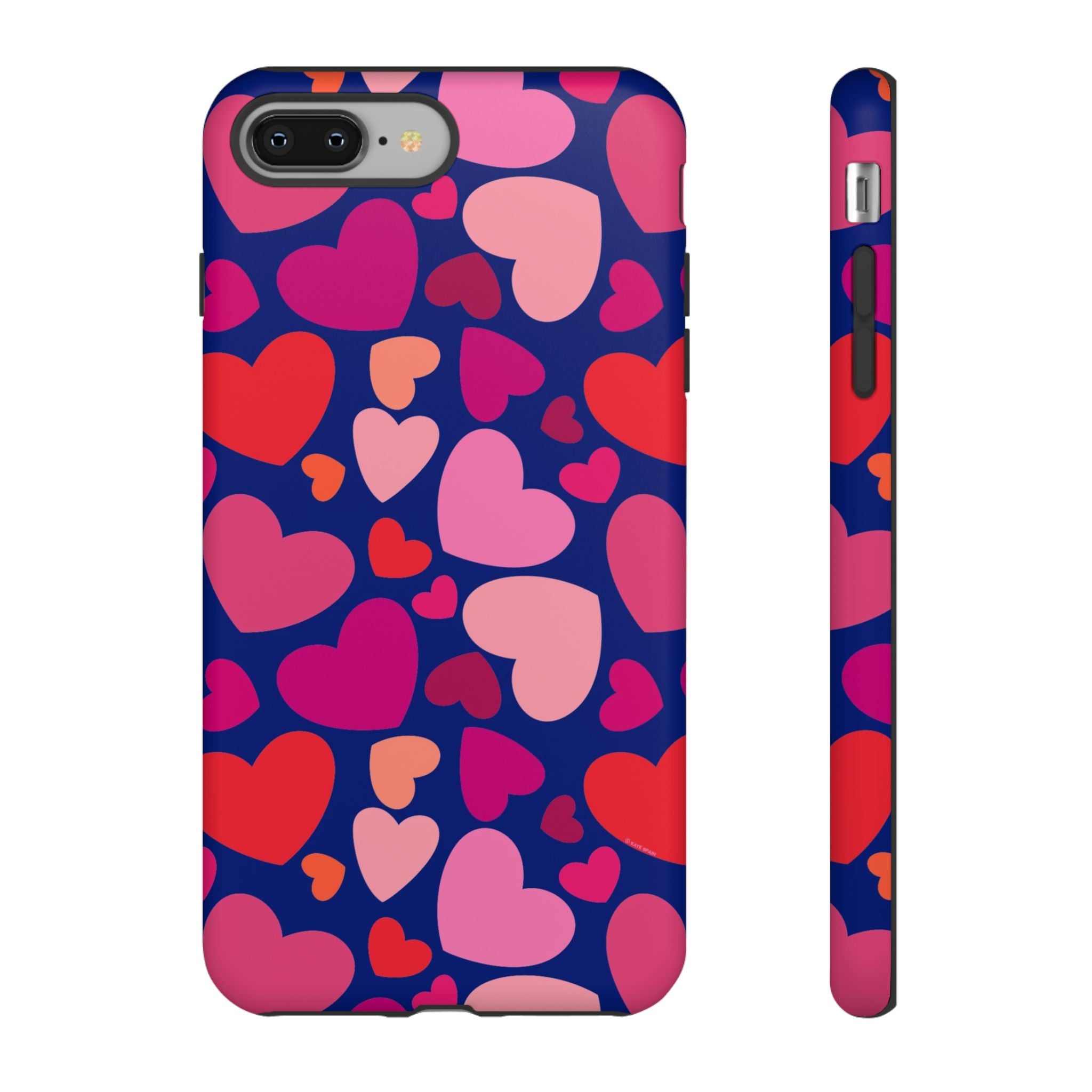 Hearts Tough iPhone 8 Plus Case – Matte | navy, pink, red, coral scattered heart print