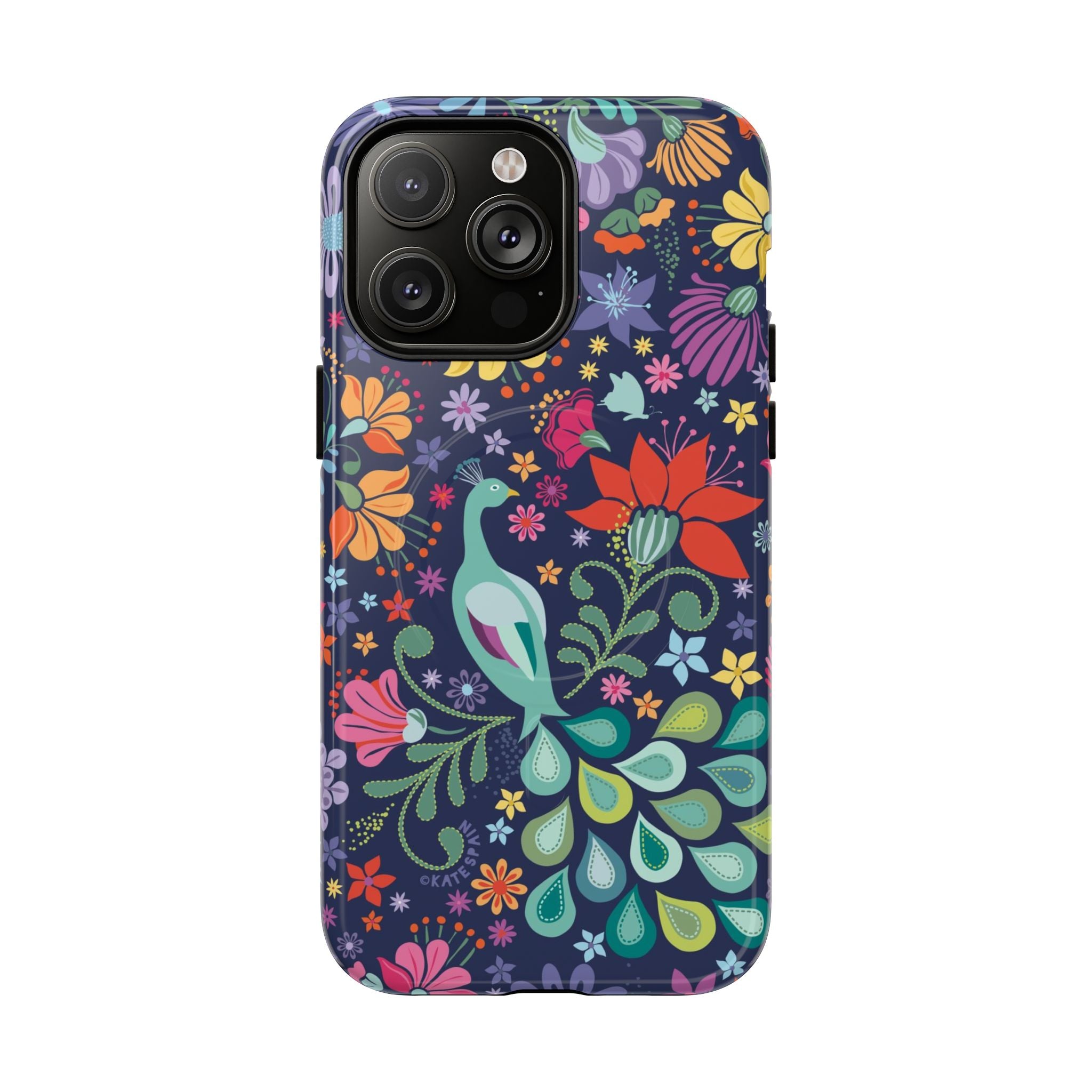 Peacock Sanctuary MagSafe iPhone 14 Pro Max Case – Glossy | navy, teal, coral multicolor vibrant peacock feather botanical print