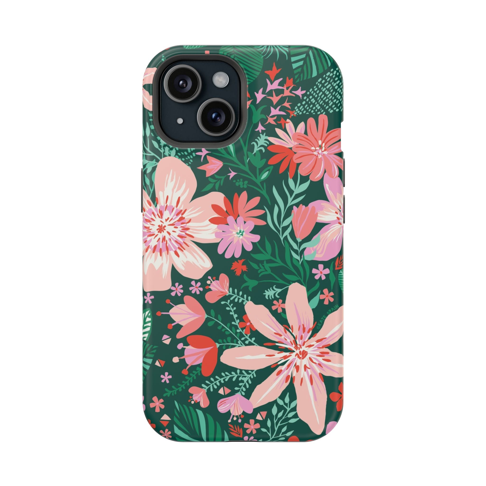 Bonaire MagSafe iPhone 15 Case – Matte | forest green, blush, coral tropical floral print