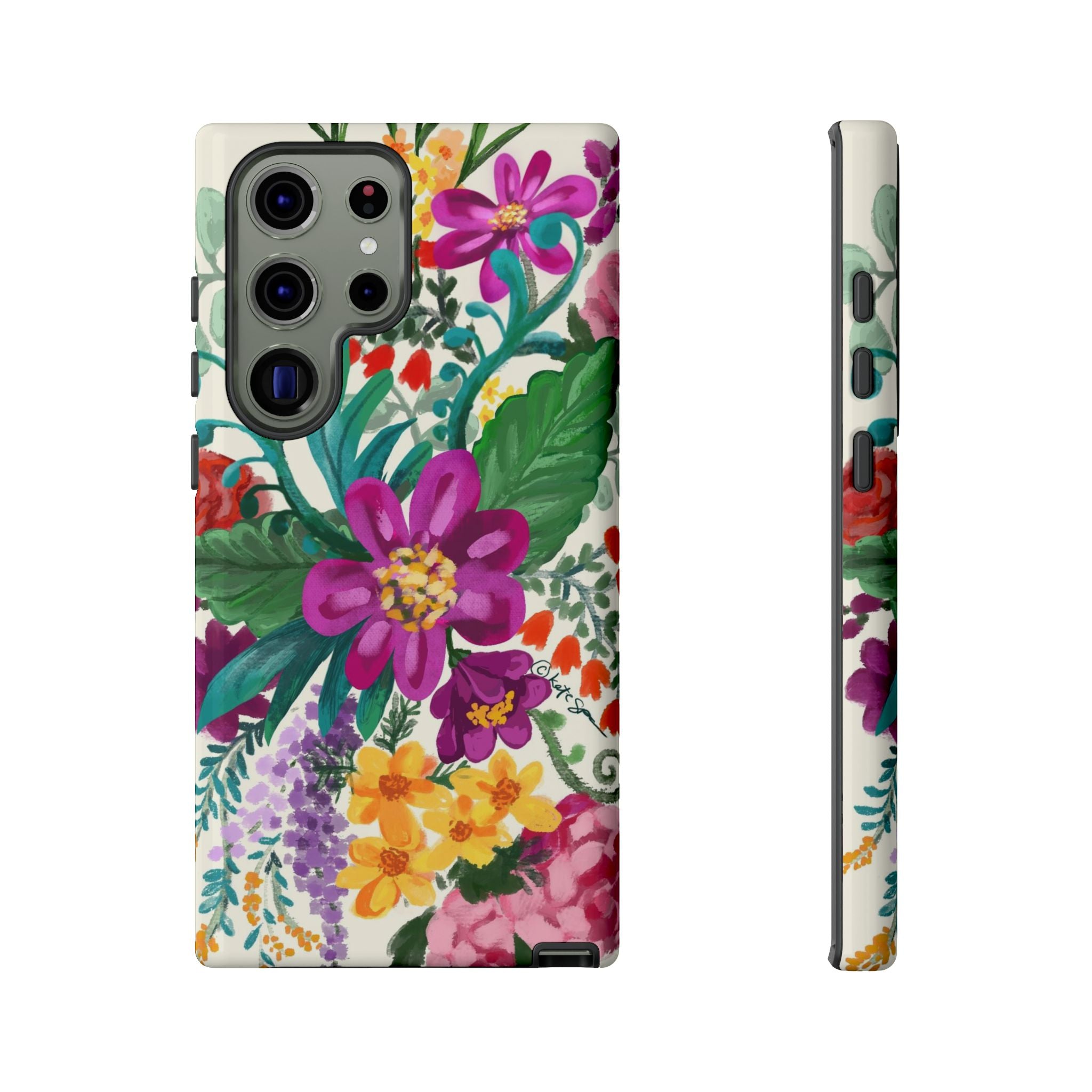 Tropical Posy Samsung Galaxy S23 Ultra Case – Glossy | white, magenta, yellow, purple vibrant botanical floral print