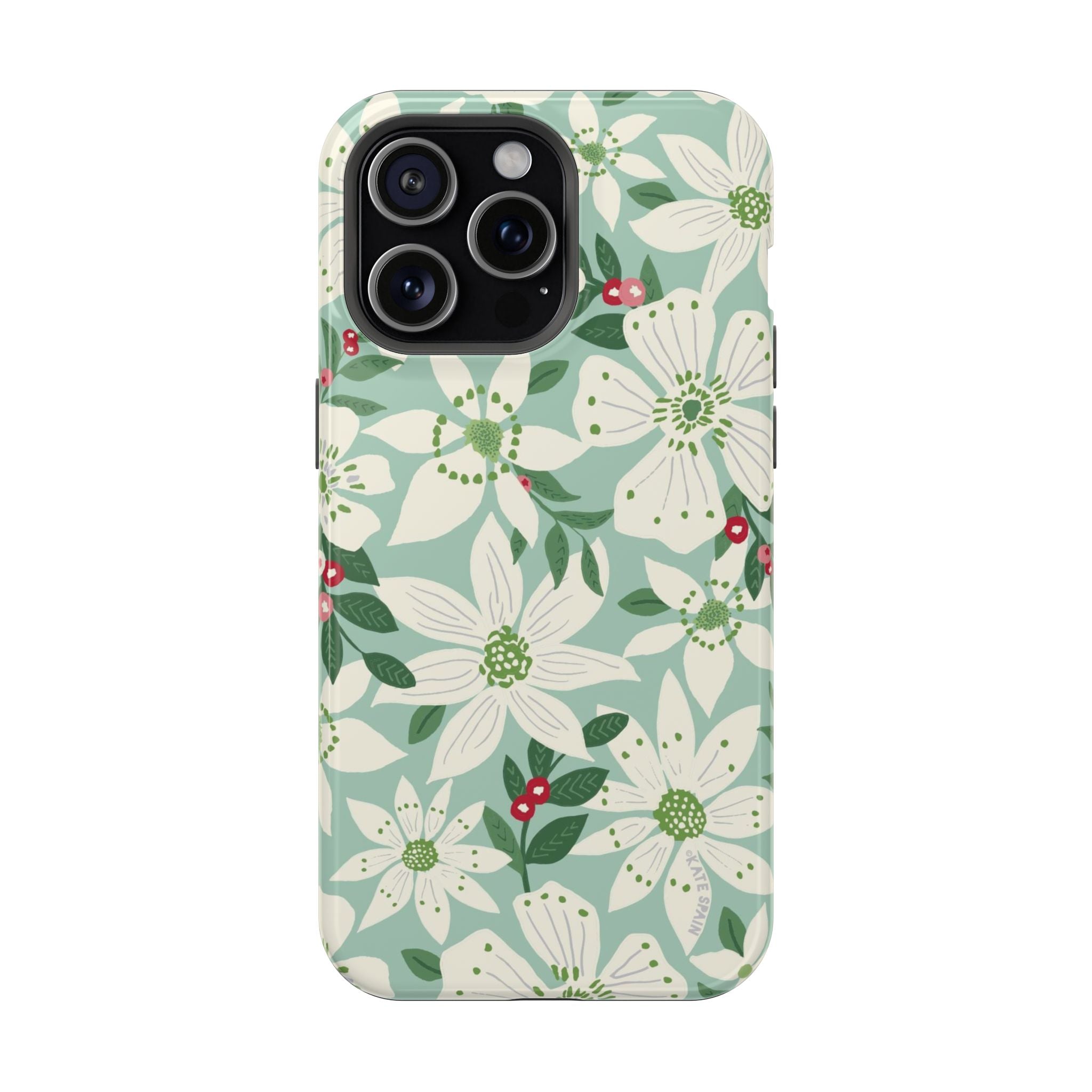 Gardenia MagSafe iPhone 15 Pro Max Case – Glossy | light blue, white, green, red gardenia botanical print MagSafe compatible, dual-layer protection