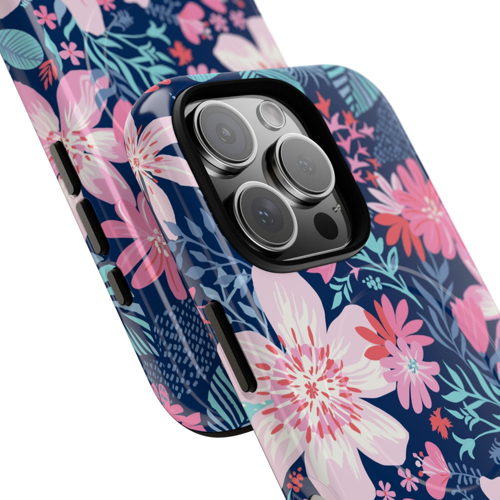Bonaire MagSafe iPhone 16 Pro Max Case – Glossy | navy, pink, white tropical floral botanical print | angled view closeup of camera cutout and buttons