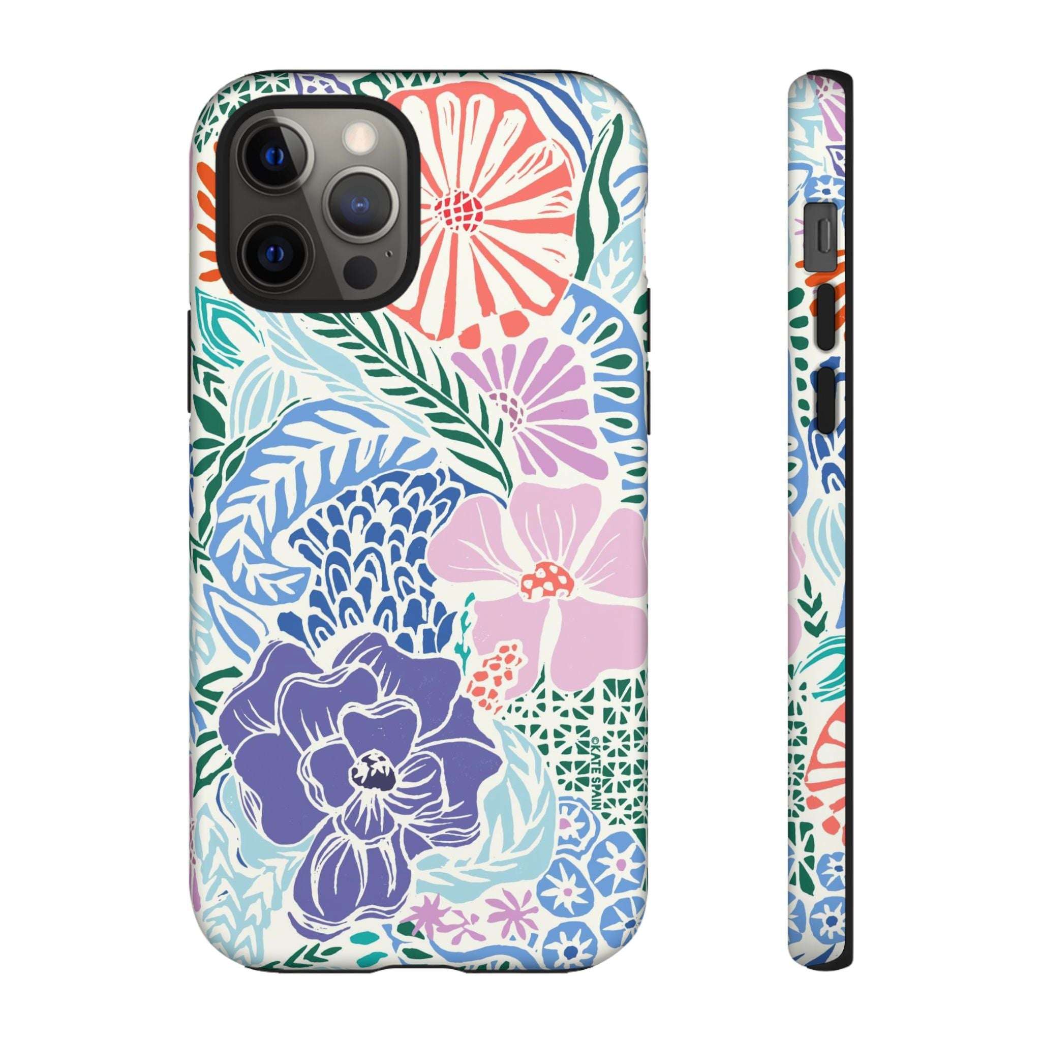 Tropica Tough iPhone 12 Pro Case – Matte | purple, coral, pink, blue botanical tropical floral print