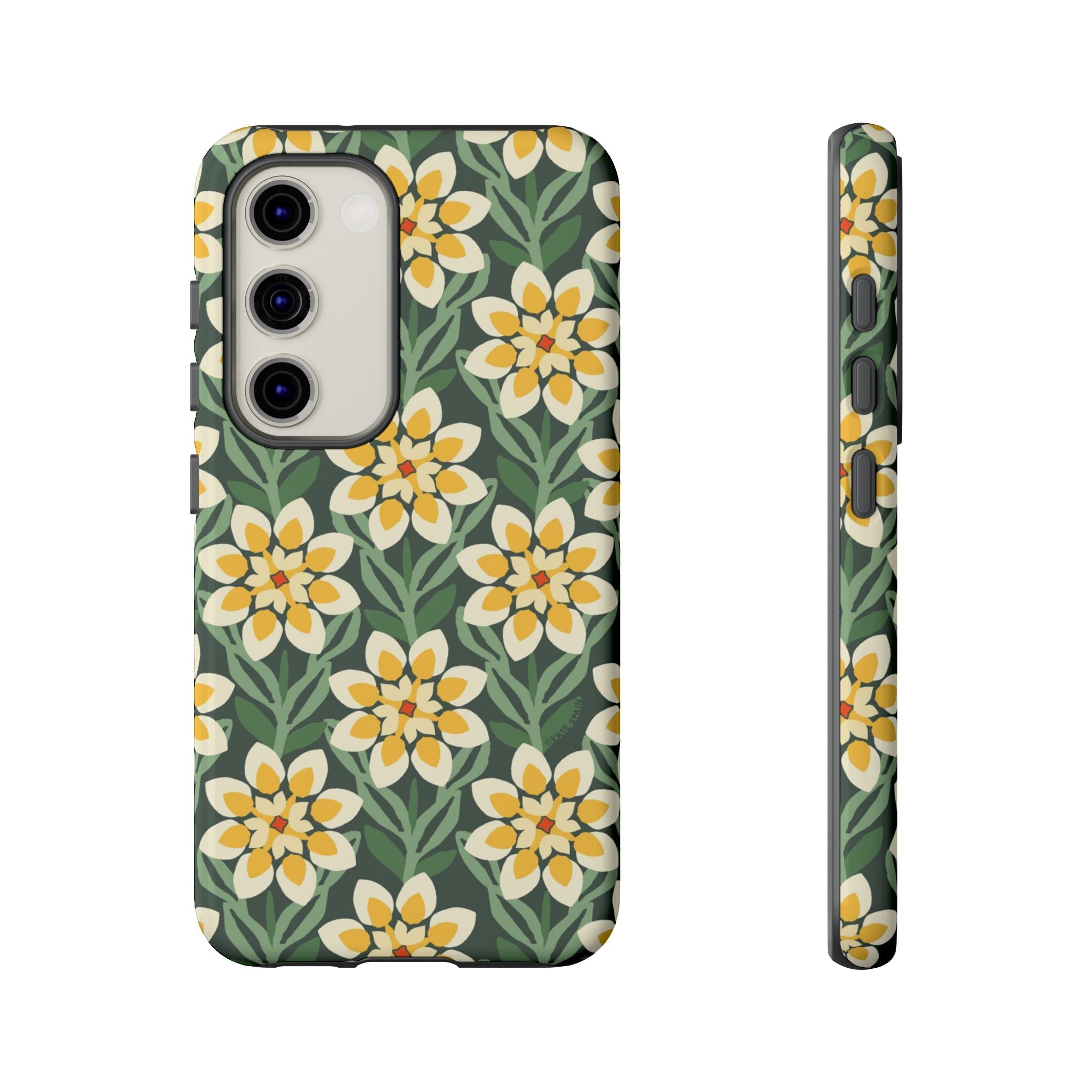 Luxury Modern Dahlia Samsung Galaxy S23 Case – Glossy | forest green, yellow, cream modern dahlia print