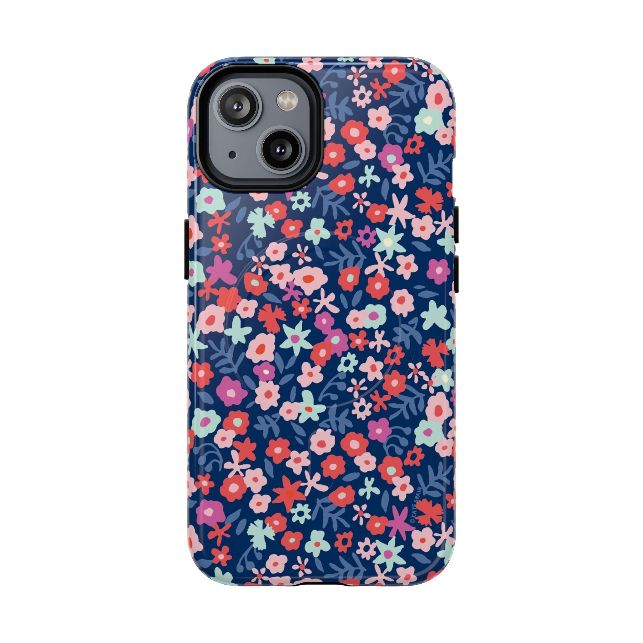 Primrose MagSafe iPhone 14 Case – Glossy | navy, pink, white ditsy floral print
