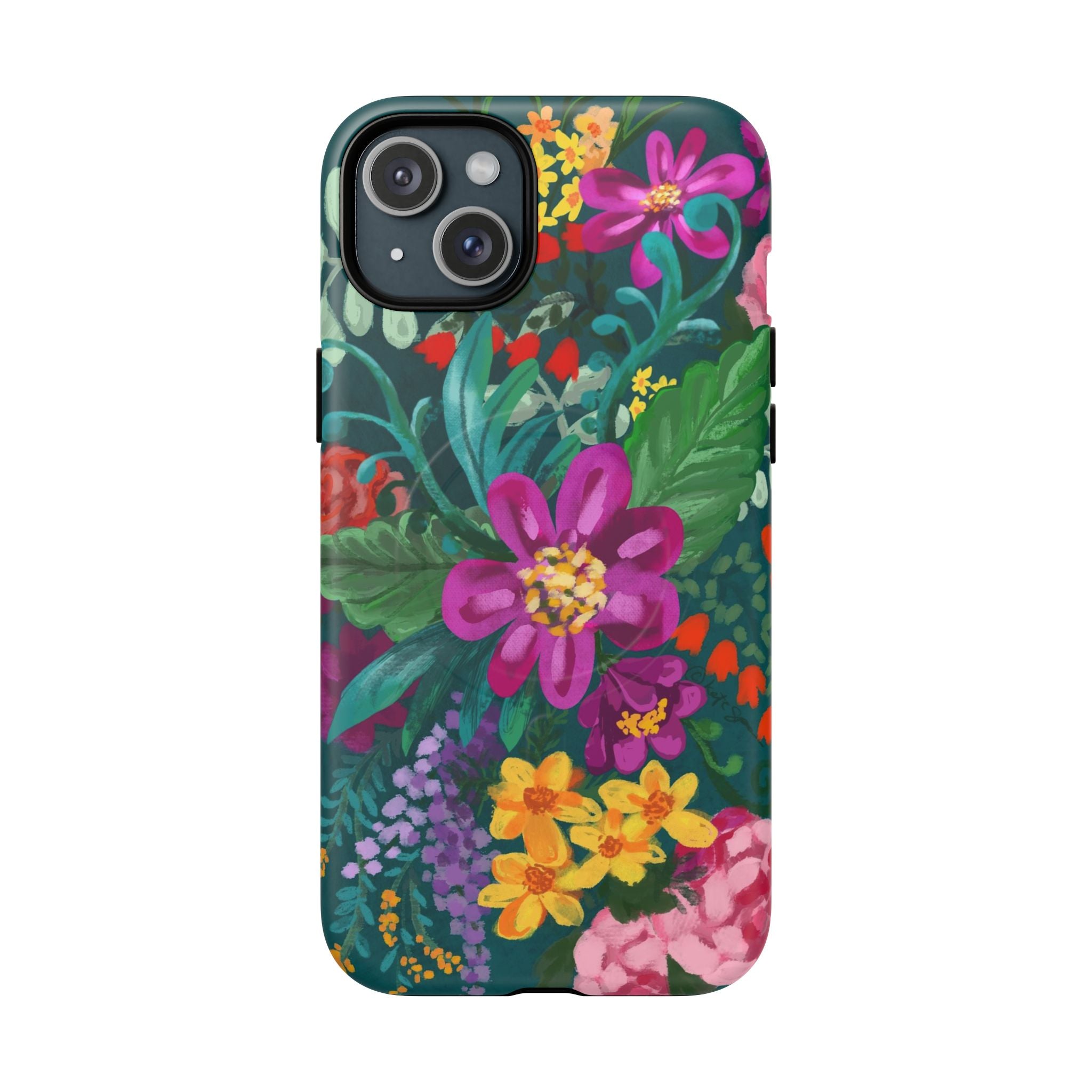 Posy MagSafe iPhone 15 Plus Case – Matte | teal, purple, magenta, yellow botanical wildflower print
