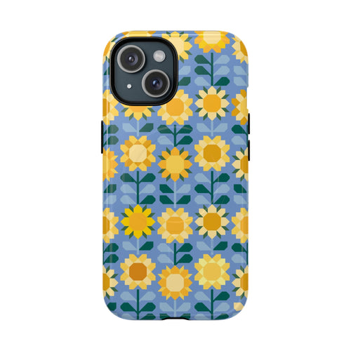 Sunflowers MagSafe iPhone 15 Case – Glossy | blue, yellow, gold geometric sunflower print
