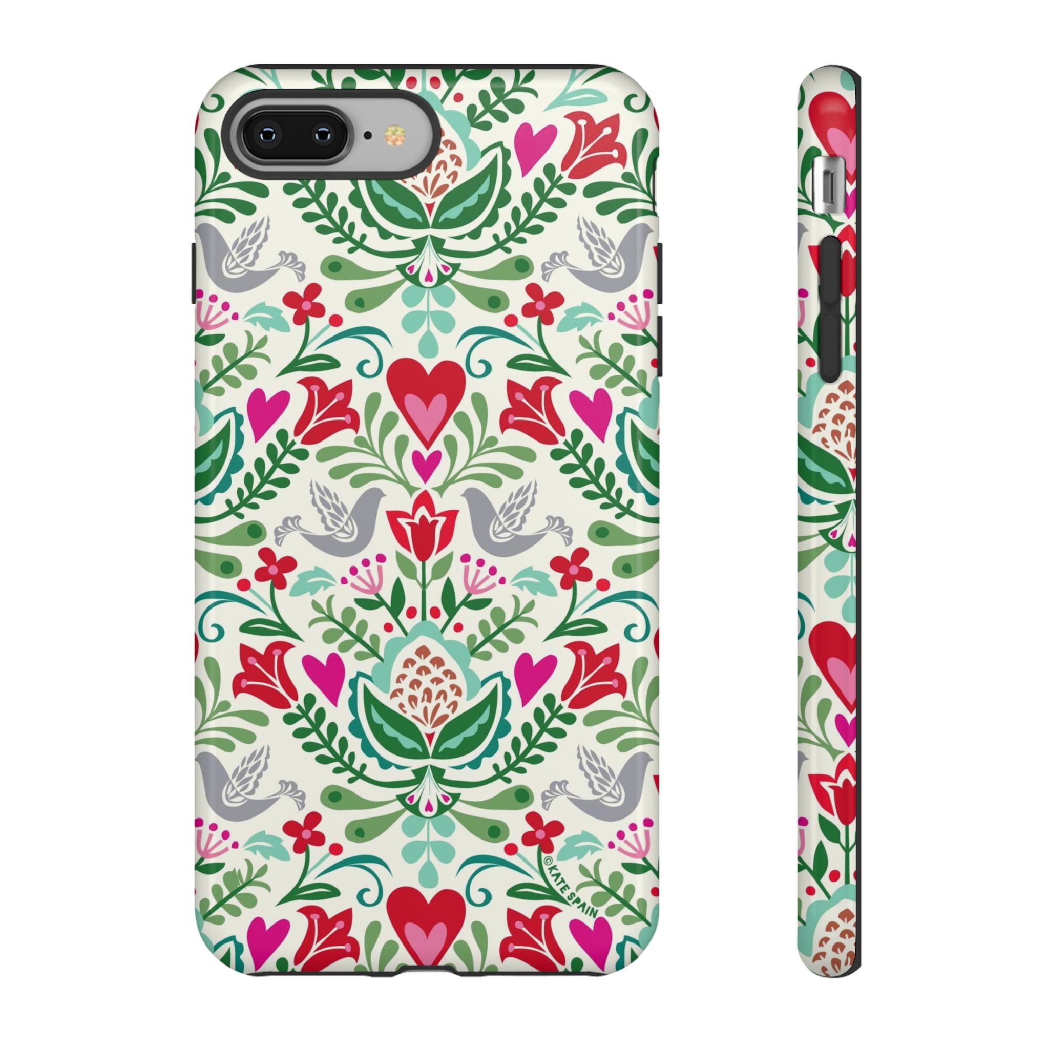 Rosemaling Tough iPhone 8 Plus Case – Glossy | cream, red, pink, green, gray folk art floral bird print