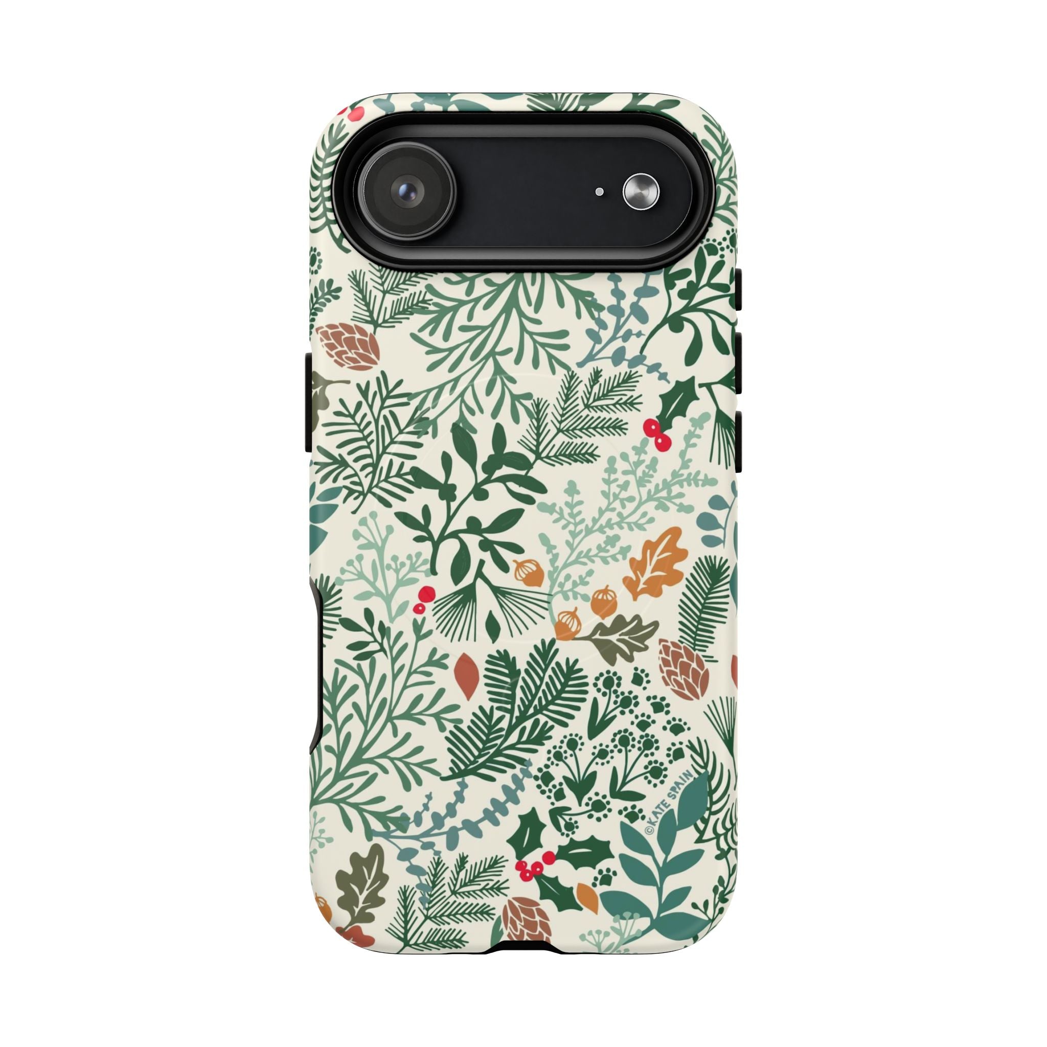 Juniper MagSafe iPhone 17 Air Case – Matte | cream, forest green, sage, and rust winter botanical print with pine, holly, acorns, and pinecones
