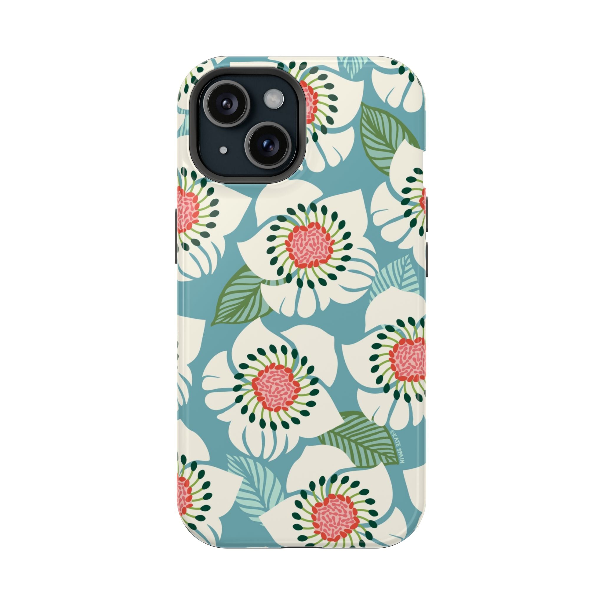 Panache Floral MagSafe iPhone 15 Case – Glossy | sky blue, pale cream, pink anemone floral print