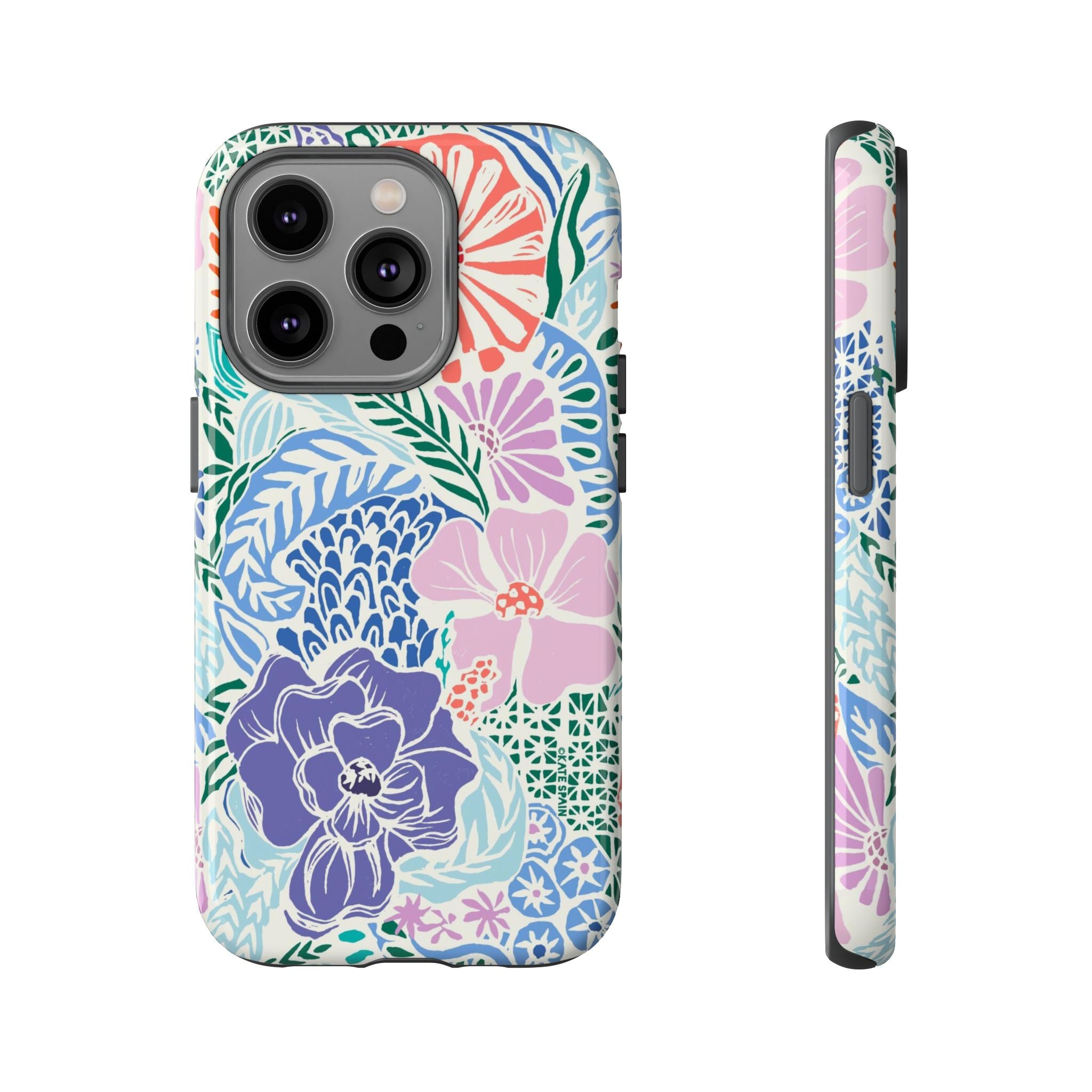 Tropica Tough iPhone 14 Pro Case – Glossy | purple, coral, pink, blue botanical tropical floral print